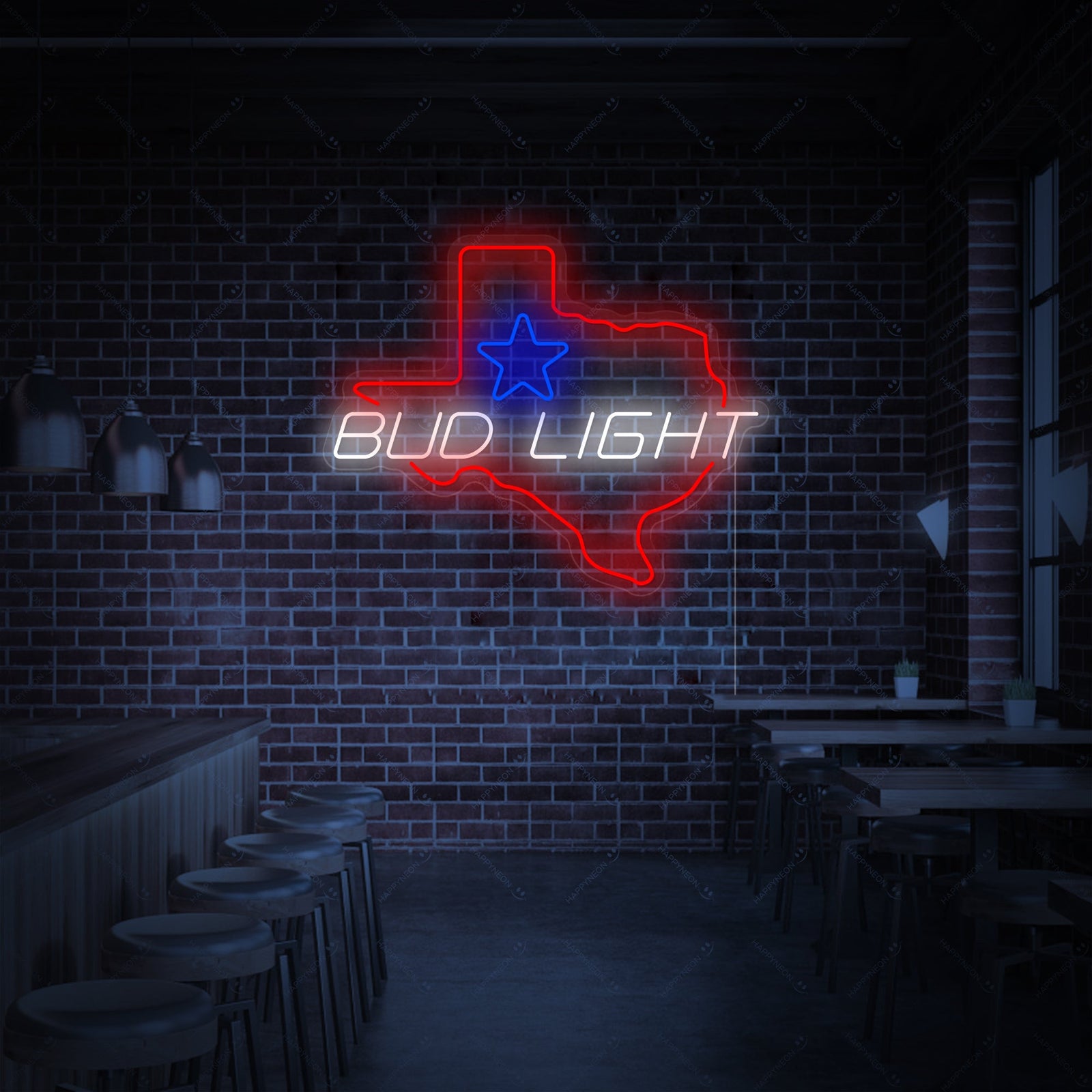 A 'Bud Light Texas Star' neon sign glowing brightly against a plain background, showing the illuminated blue Bud Light script over a yellow neon five-pointed star.