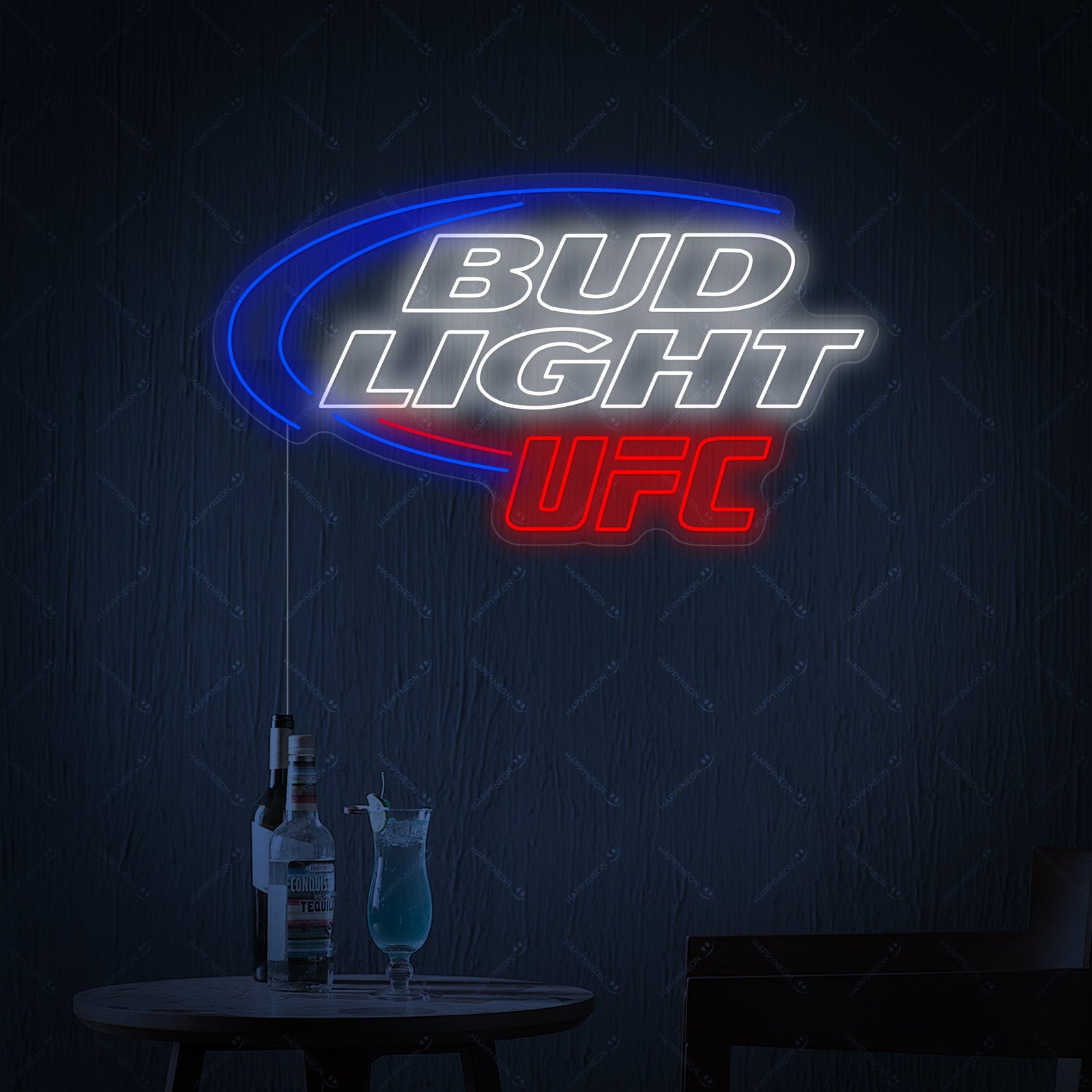 A clean, graphic design mockup of the illuminated Bud Light UFC neon sign featuring both official logos.