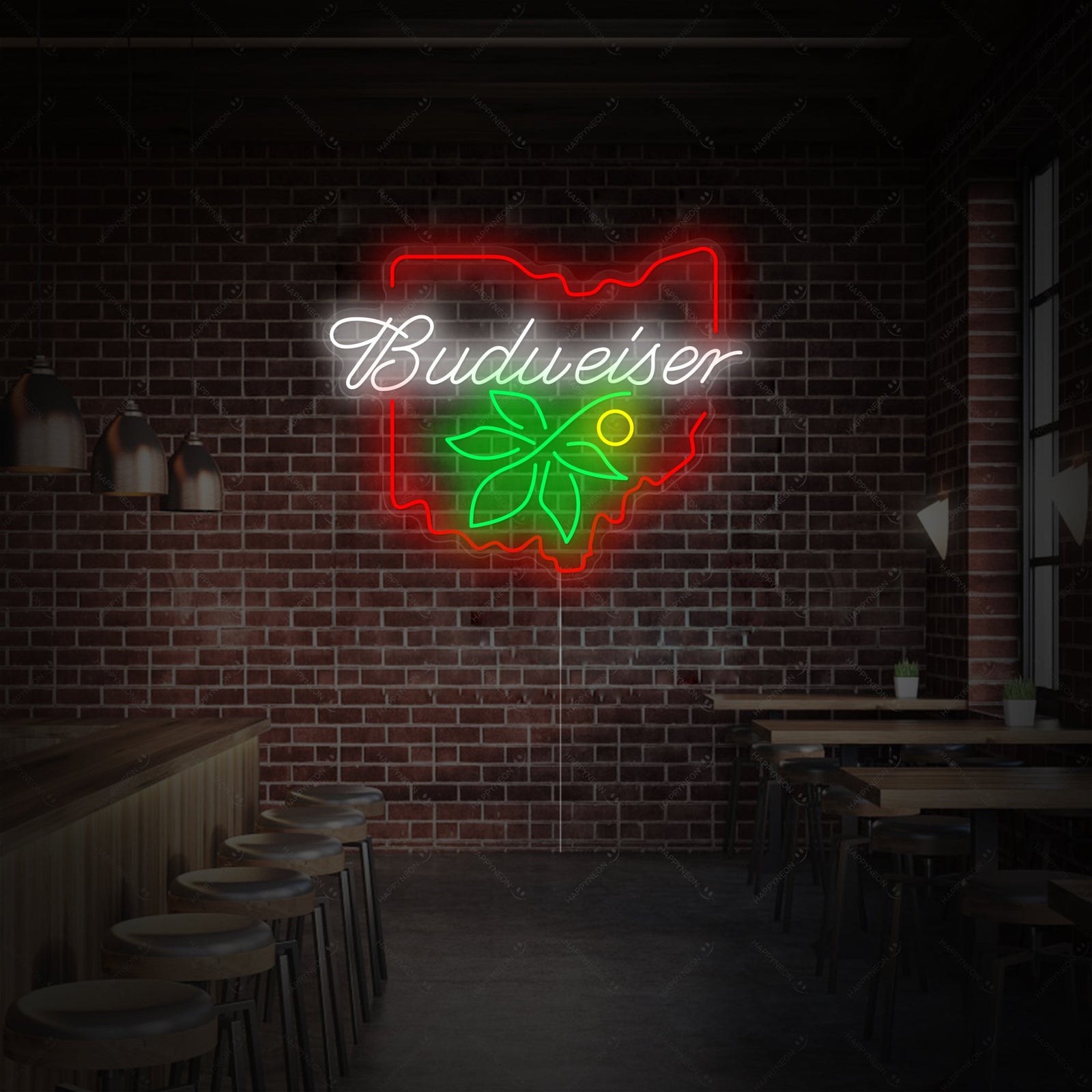 A close-up photograph of the BUD OHIO BUCKEYE neon sign in a dimly lit bar, displaying the bright red and white neon tubing.