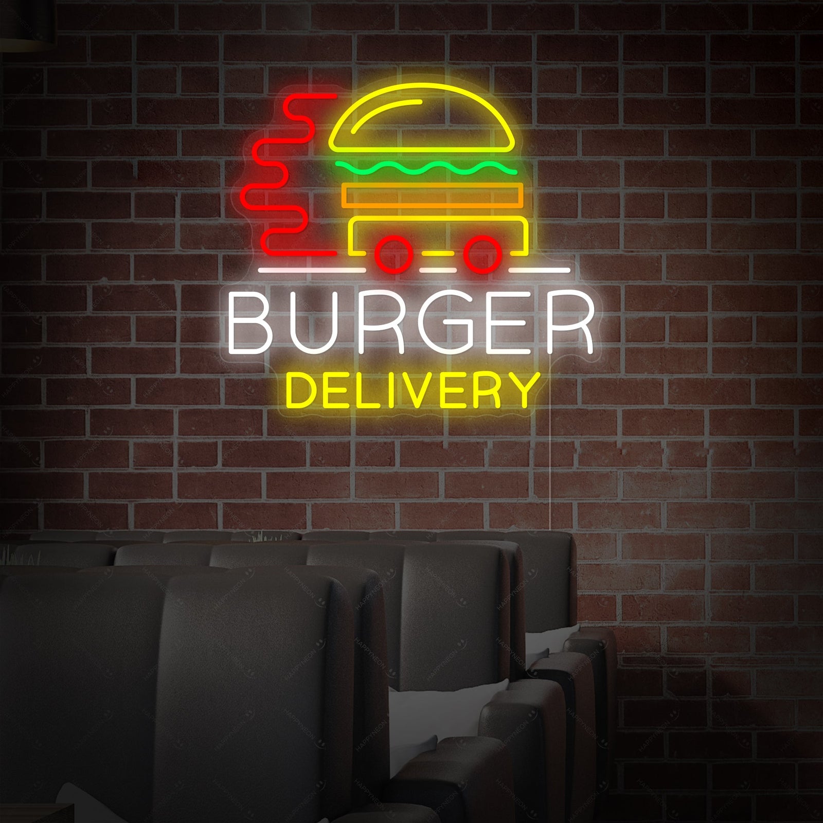A clear visual representation of the 'Burger Delivery' neon sign featuring a hamburger and a delivery motorcycle, suitable for branding and advertising