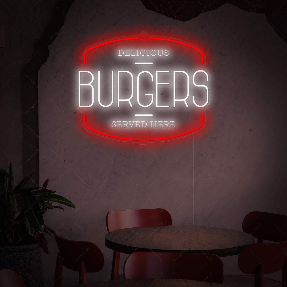 Detail view of the Burgers neon sign, showing the classic tube design and vibrant glow against a dark wall.