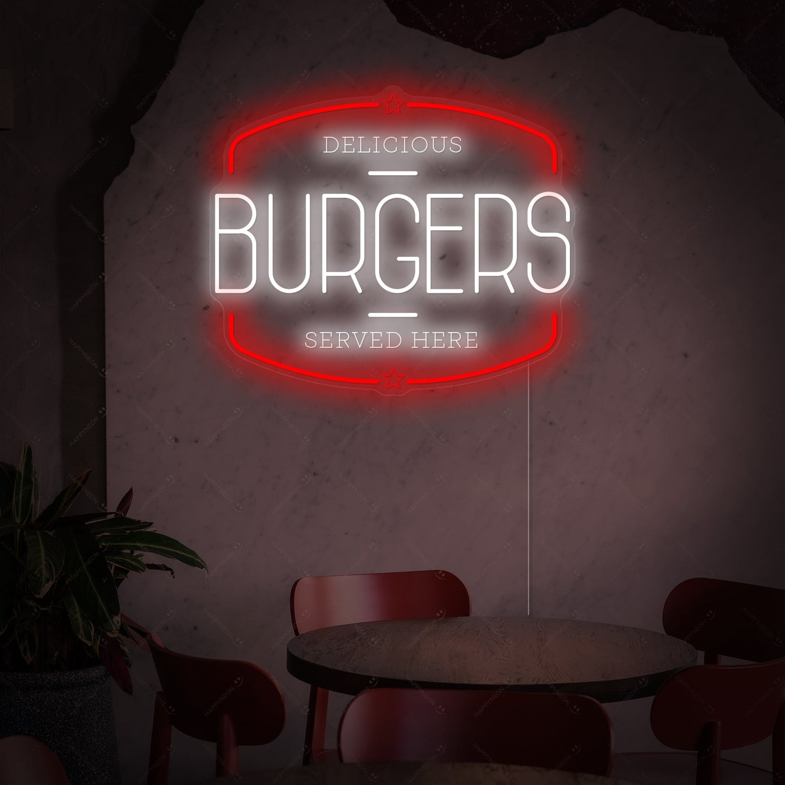 Detail view of the Burgers neon sign, showing the classic tube design and vibrant glow against a dark wall.