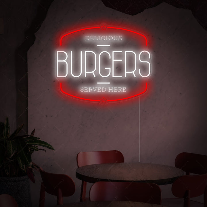 Detail view of the Burgers neon sign, showing the classic tube design and vibrant glow against a dark wall.