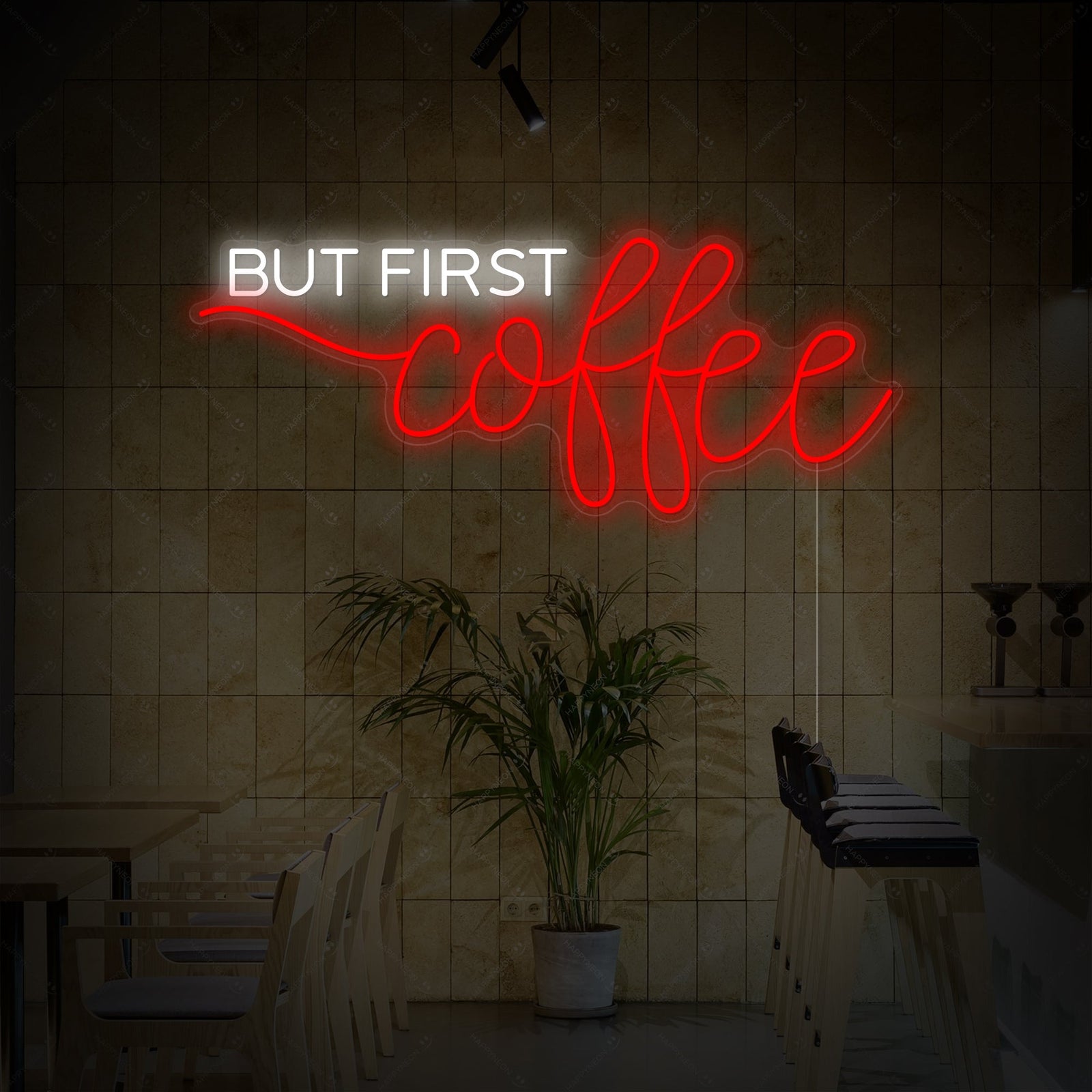 A clean, isolated product shot of the illuminated 'But First Coffee' neon sign. The hand-scripted lettering is displayed in a bright warm white color, mounted on a clear acrylic backing, showcasing the quality of the LED neon tubing.