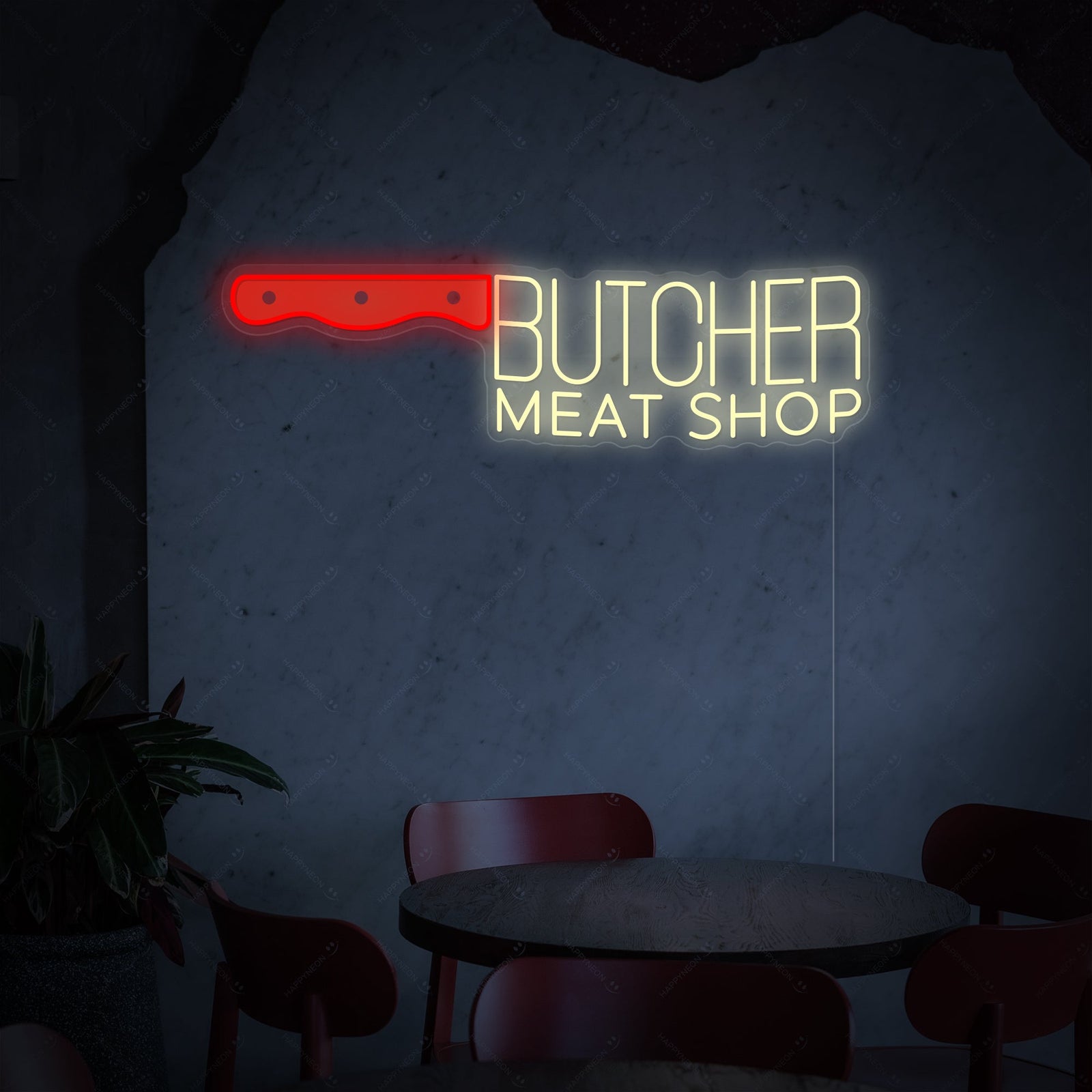 A close-up view of the neon sign, showcasing its intricate details and vibrant red and yellow light.