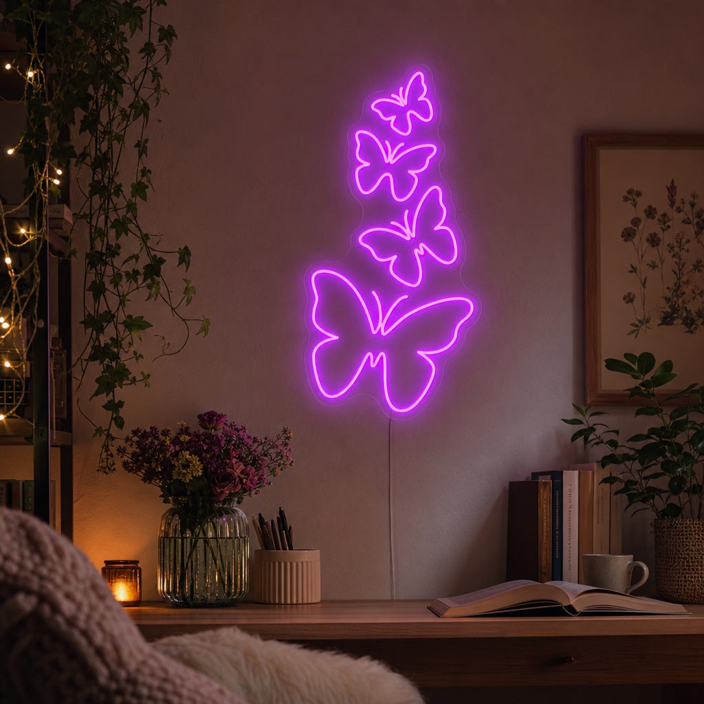 A cozy living room featuring the glowing Butterflies Neon Sign mounted above a plush armchair, casting a warm light.