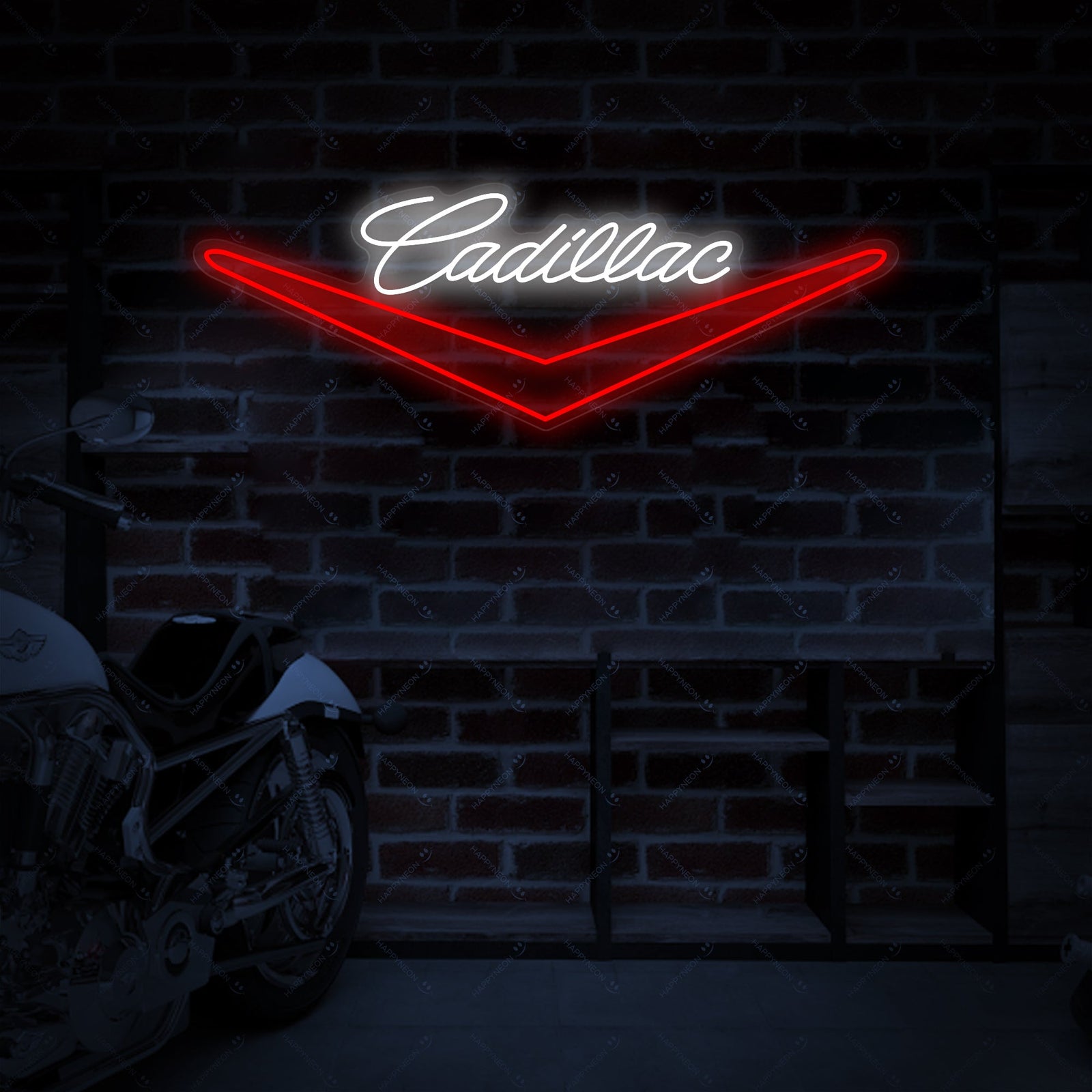 A bright, stylized Cadi-Car neon sign featuring a retro car silhouette and script logo, creating a vibrant glow against a textured brick wall in a garage setting.