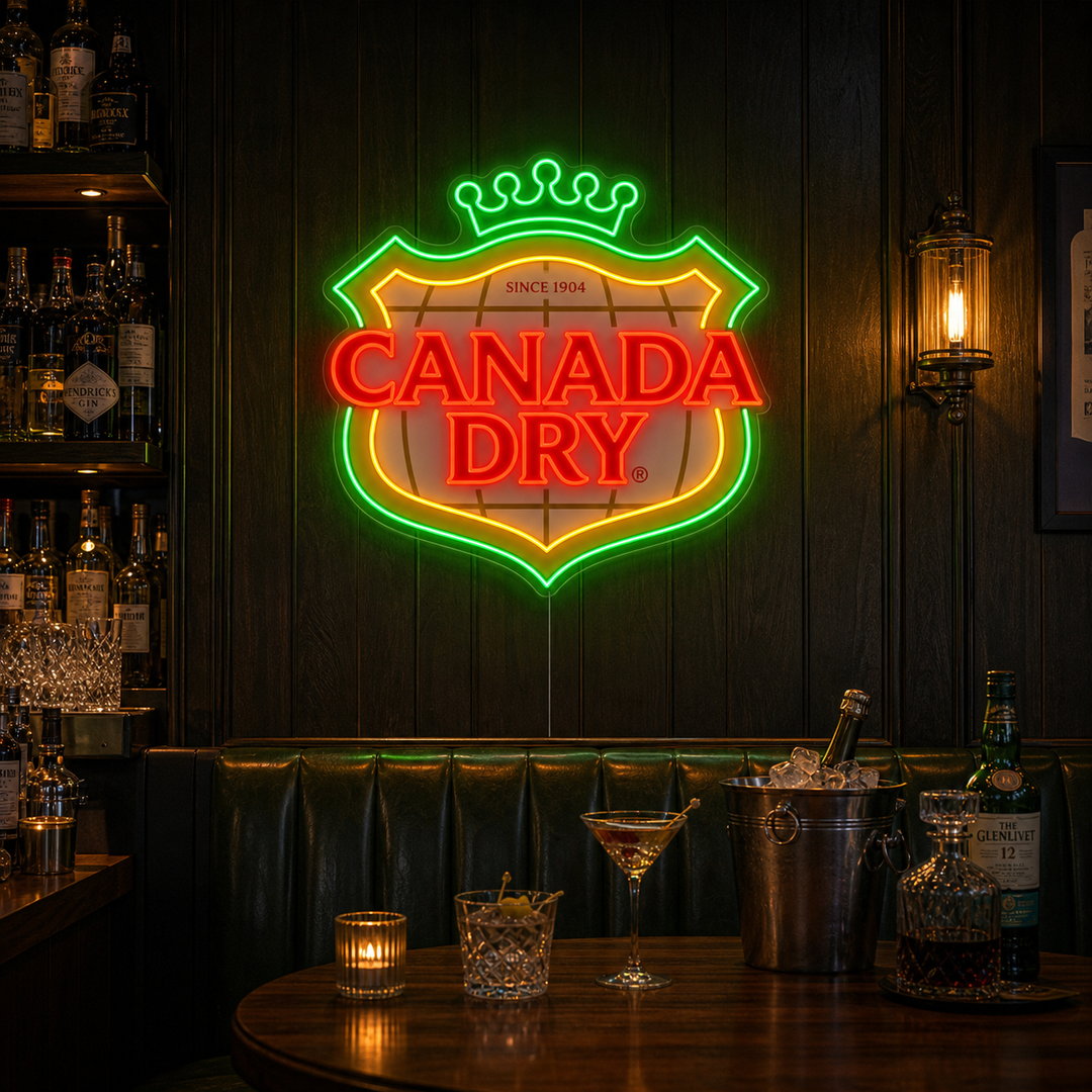 A vibrant Canada Dry neon sign mounted on a textured brick wall in a cozy bar setting, illuminating the space with a warm glow.