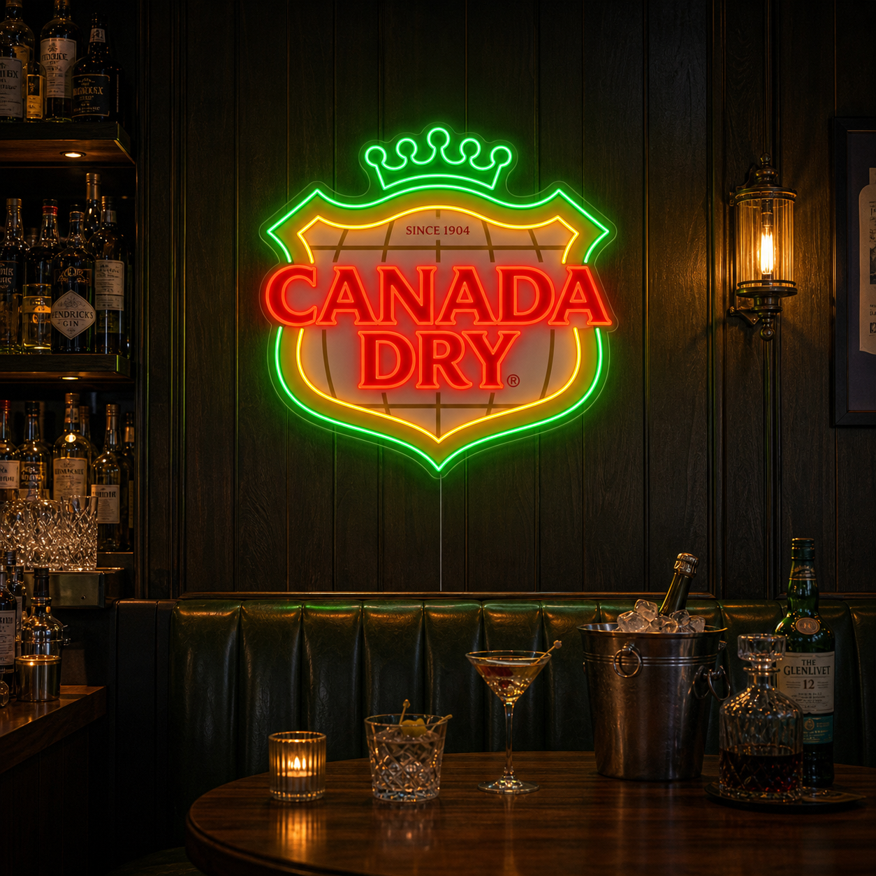 A vibrant Canada Dry neon sign mounted on a textured brick wall in a cozy bar setting, illuminating the space with a warm glow.