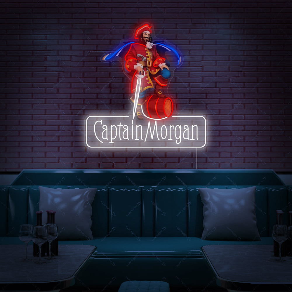 Captain Morgan neon sign featuring the iconic pirate logo in blue, red, and yellow glowing on a clear backplate in a bar setting.