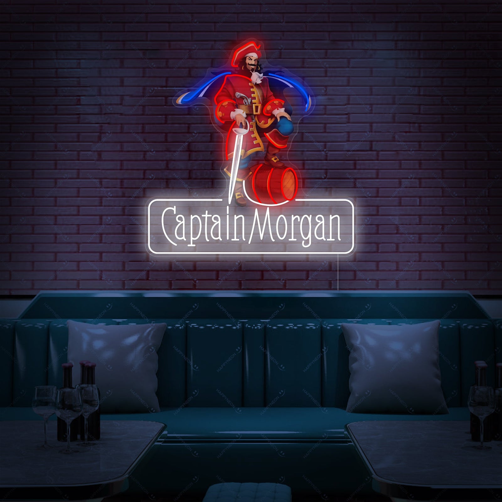 Captain Morgan neon sign featuring the iconic pirate logo in blue, red, and yellow glowing on a clear backplate in a bar setting.