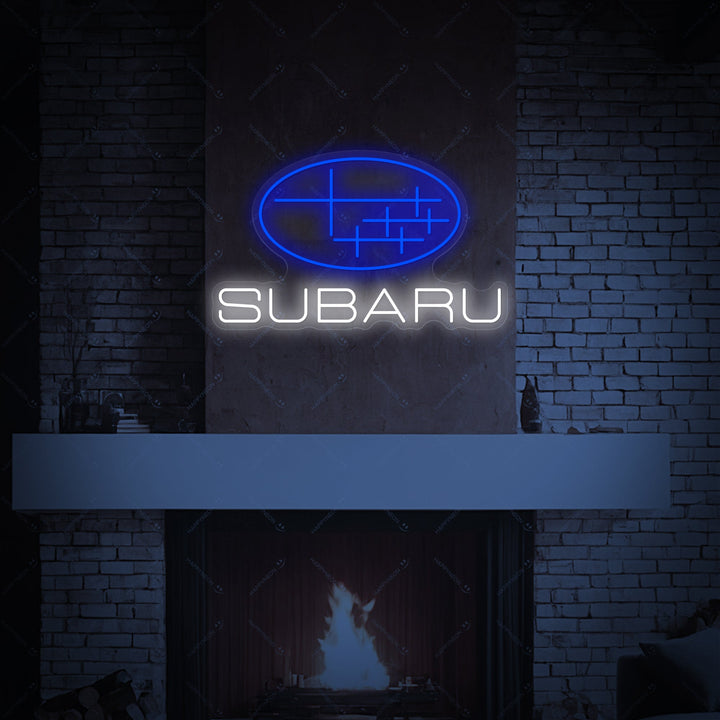 An eye-catching car brand logo neon sign providing a warm glow above a clean fireplace mantelpiece in a modern living space.