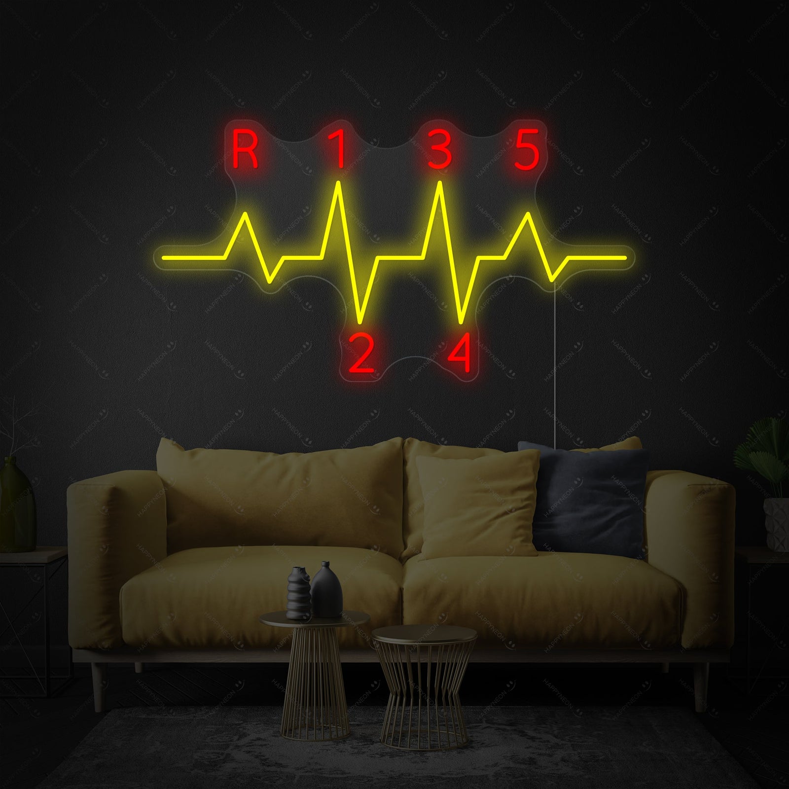 Close-up product rendering of the Car Gear manual gear shift neon sign, showing detailed tubing and clear backing on a light wood wall
