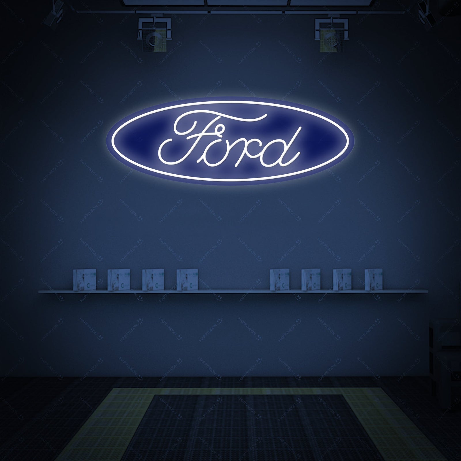 A clean graphic rendering of a blue Ford oval neon sign in a curated modern garage environment with watermarks, showing the intended design aesthetic and potential use case.