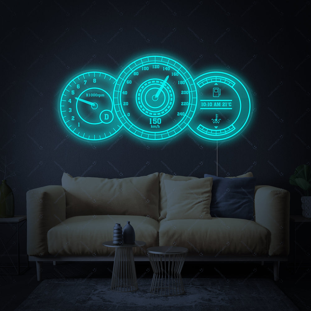 High-resolution digital mockup graphic of a Car Speedometer neon sign design.