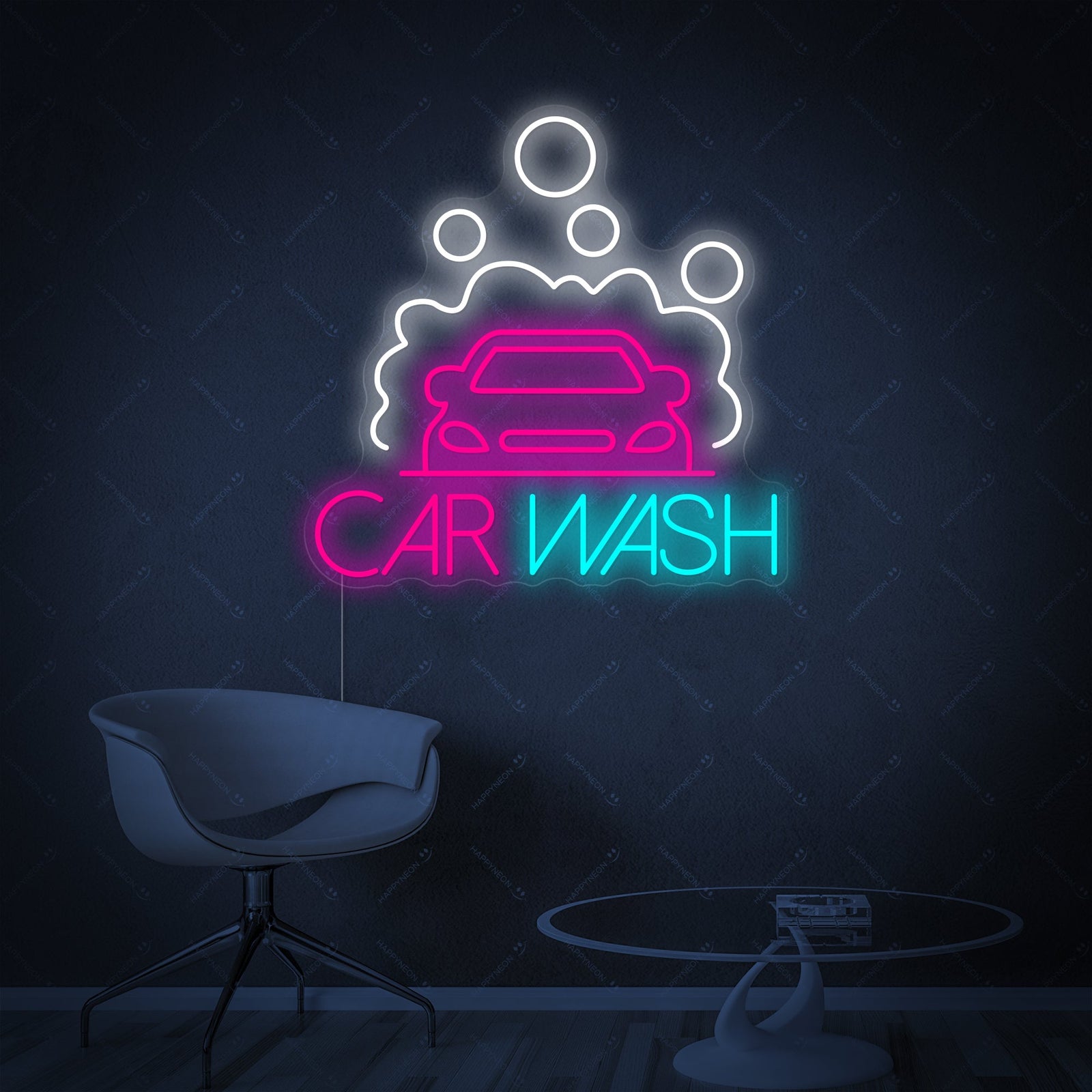 Detailed product shot of the 'Car Wash' neon sign design, showing the bright blue tubing mounted on a clear acrylic backing.