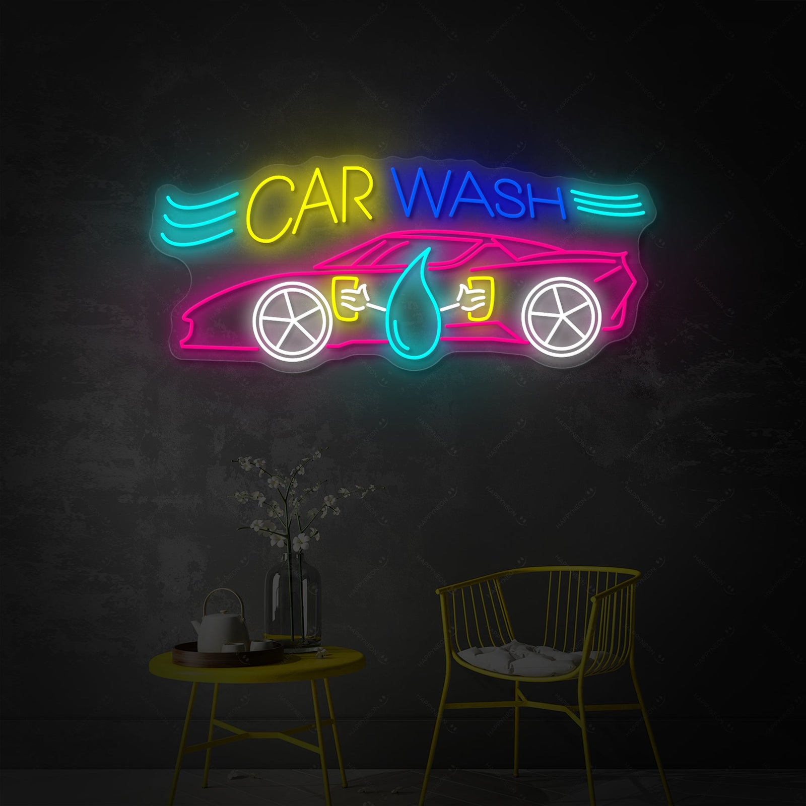 A 'Car Wash' neon sign design with stylized white script and red accents against a clean dark background.