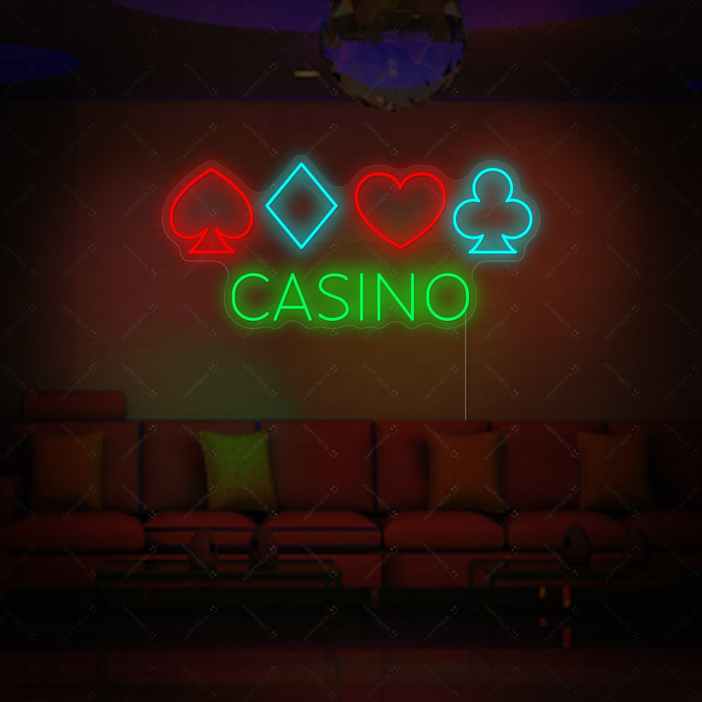 A detailed view of a illuminated 'Casino Poker' neon sign against a dark background, showing vibrant red and blue lights.