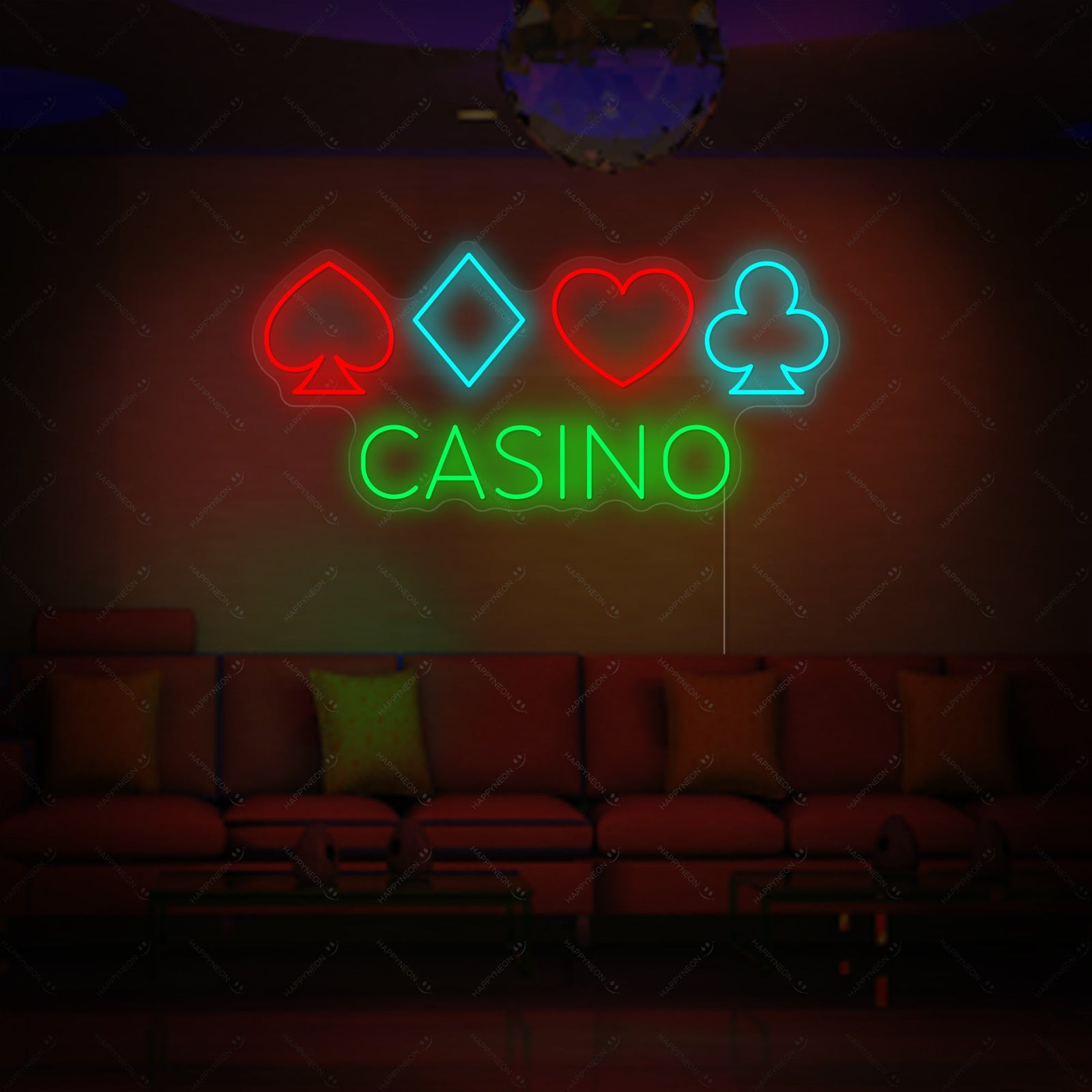 A detailed view of a illuminated 'Casino Poker' neon sign against a dark background, showing vibrant red and blue lights.