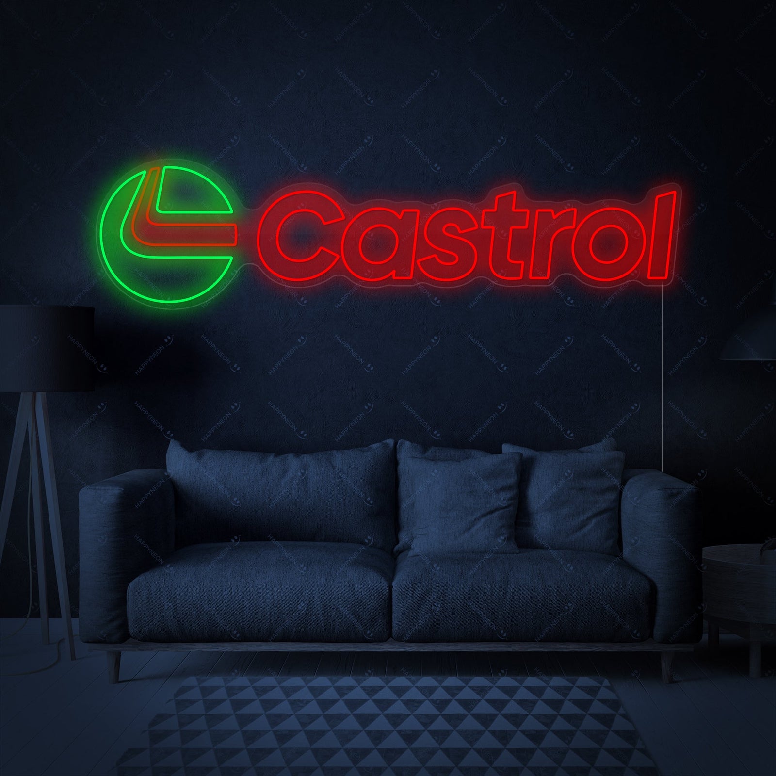 A Castro Logo neon sign with a clear acrylic backboard.