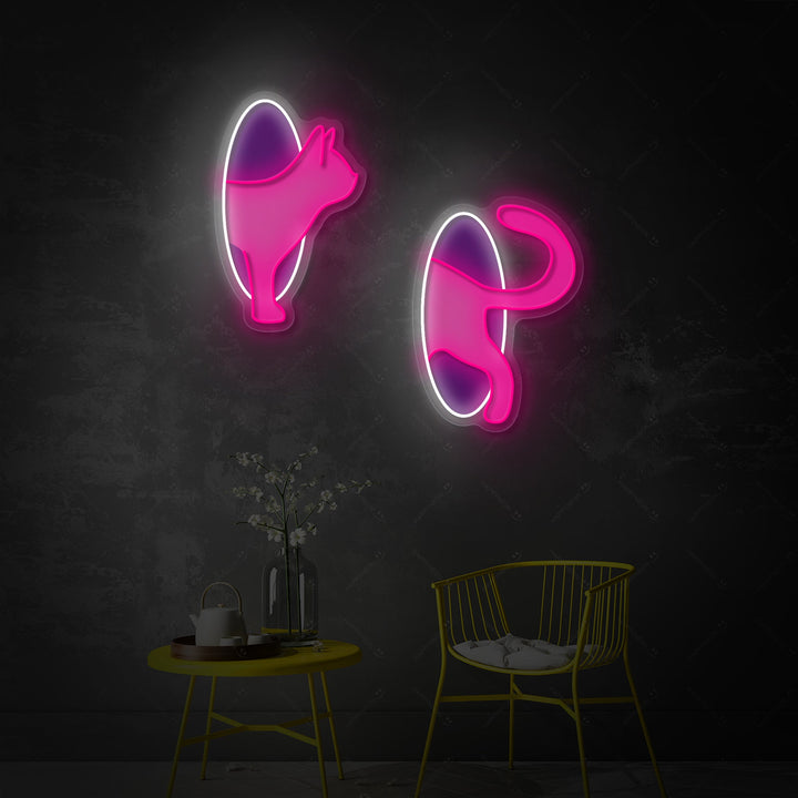 Detailed product shot focusing on the unlit Cat in Portal neon sign design, showing the precise outlines of the cat jumping through the dimensional ring against a subtle studio backdrop.