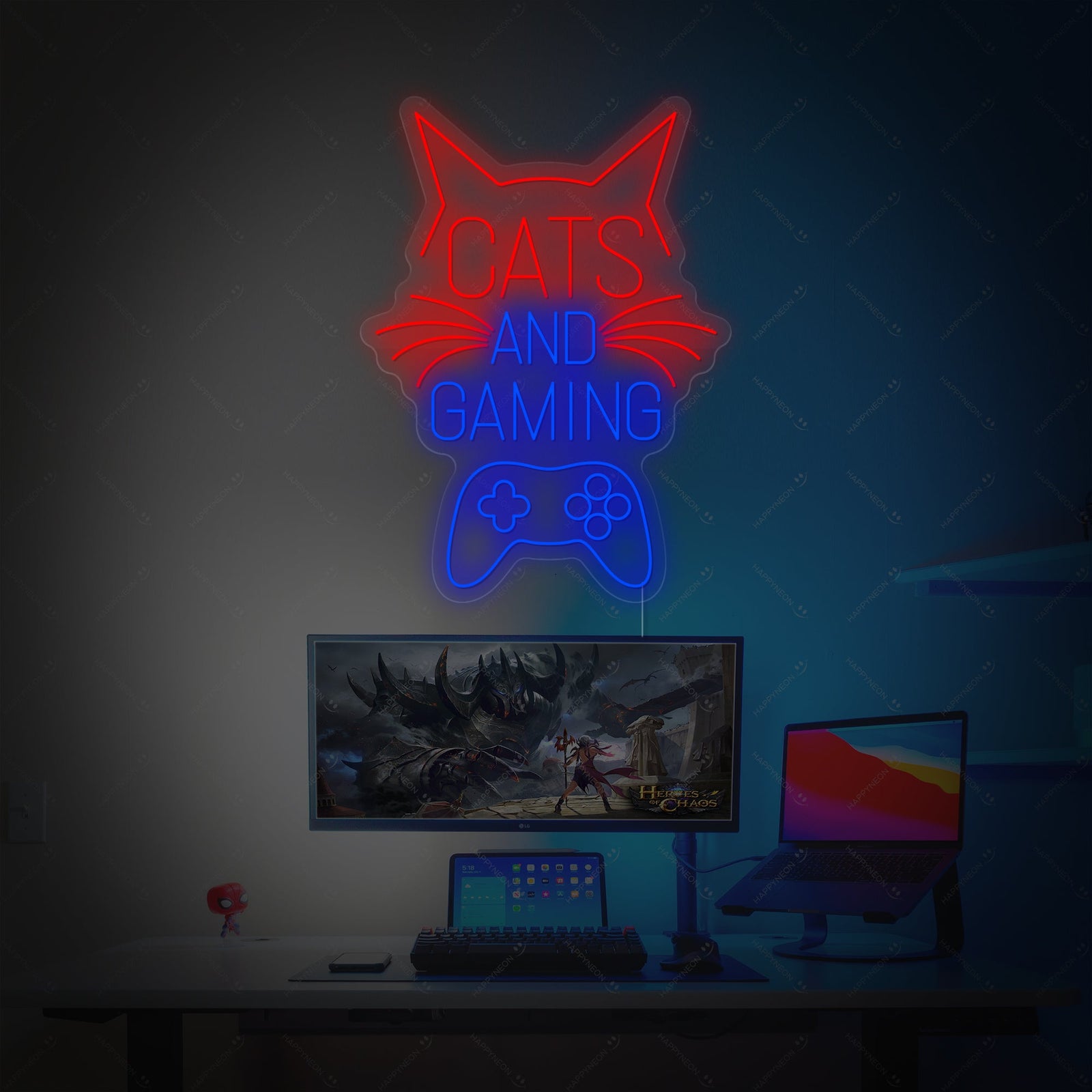 The 'Cats And Gaming' neon sign, displaying a combination of a cat and game controller design, on a clear background.