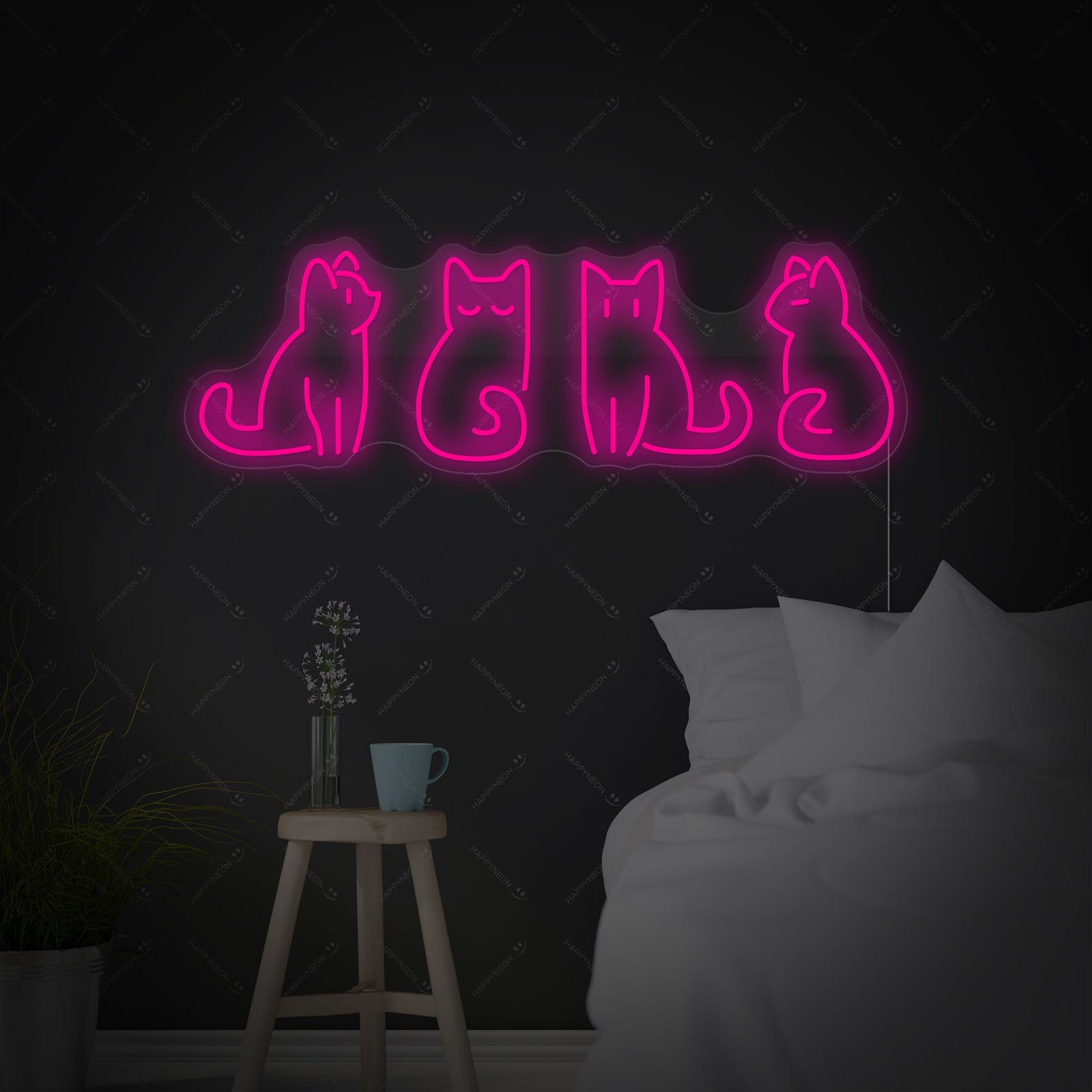 The original product design for the 'Cats' neon sign, showing the glowing tubes and acrylic backing shape.