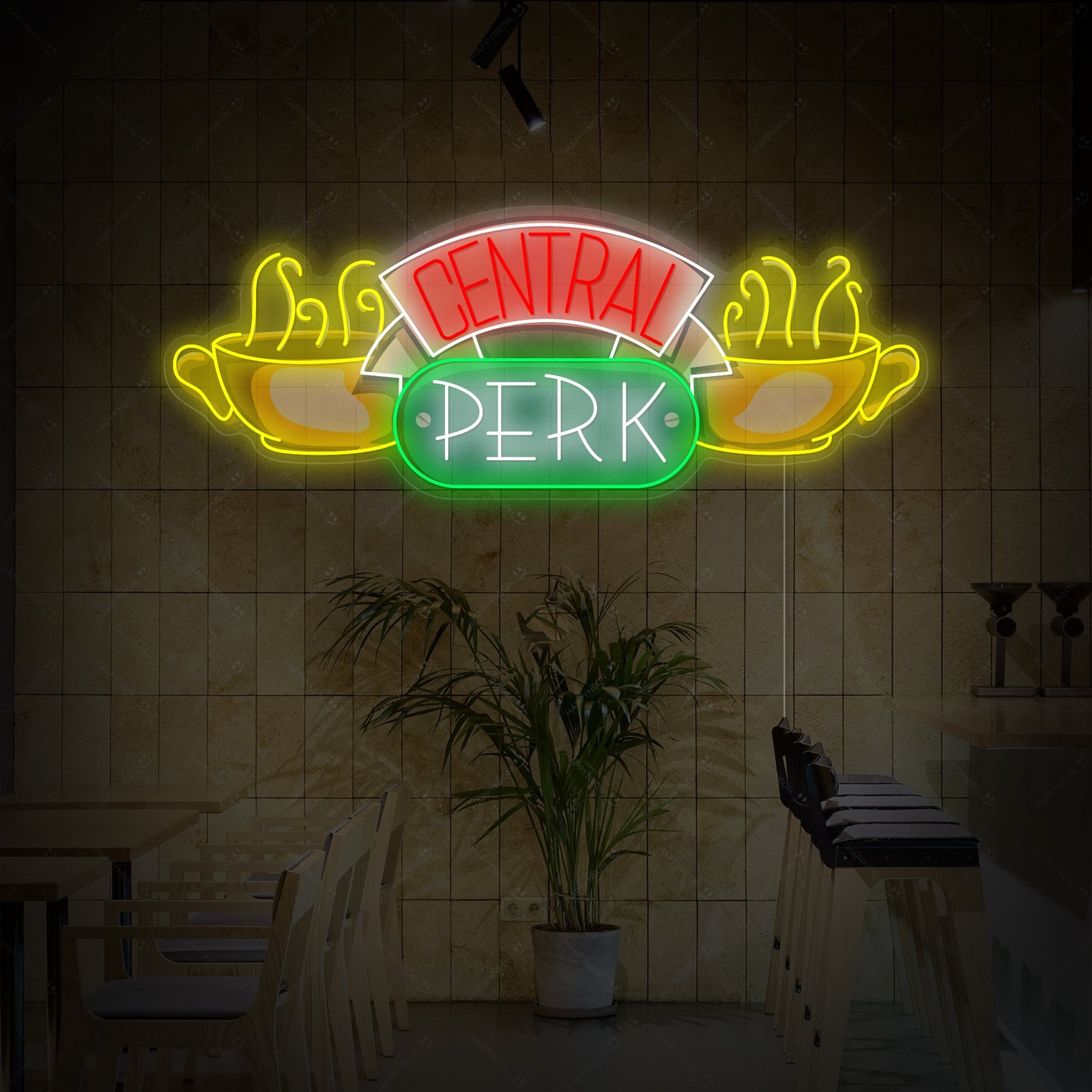 Graphic mockup of the 'Central Perk' UV printed neon sign showing detail.