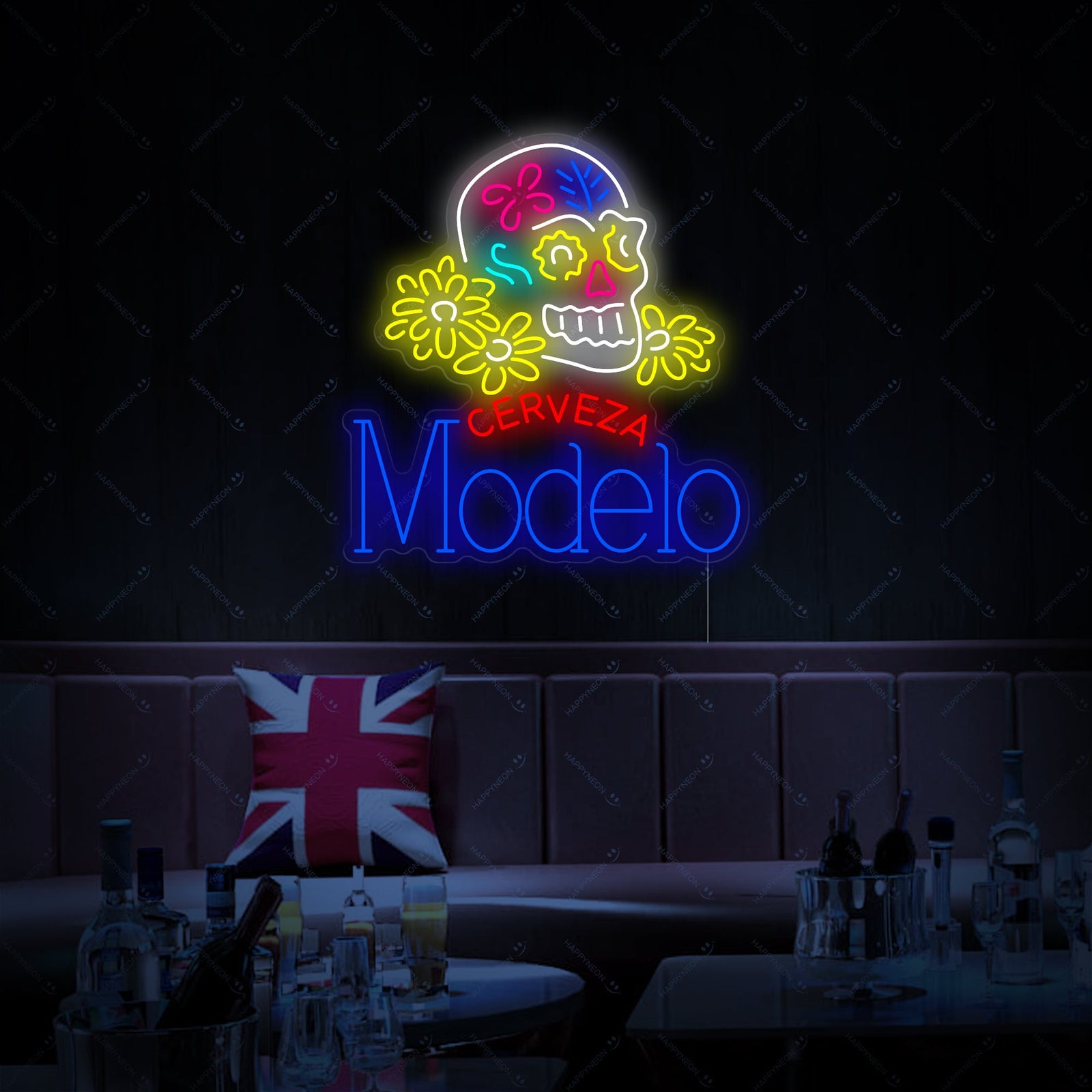 Detailed product image of the Cerveza Modelo Skull neon sign, showing the unlit tubing and back board.
