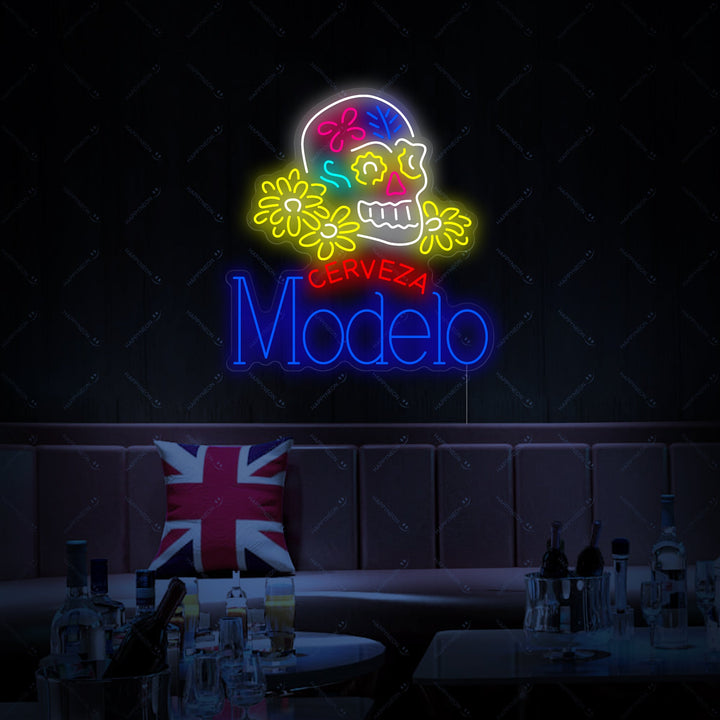Detailed product image of the Cerveza Modelo Skull neon sign, showing the unlit tubing and back board.