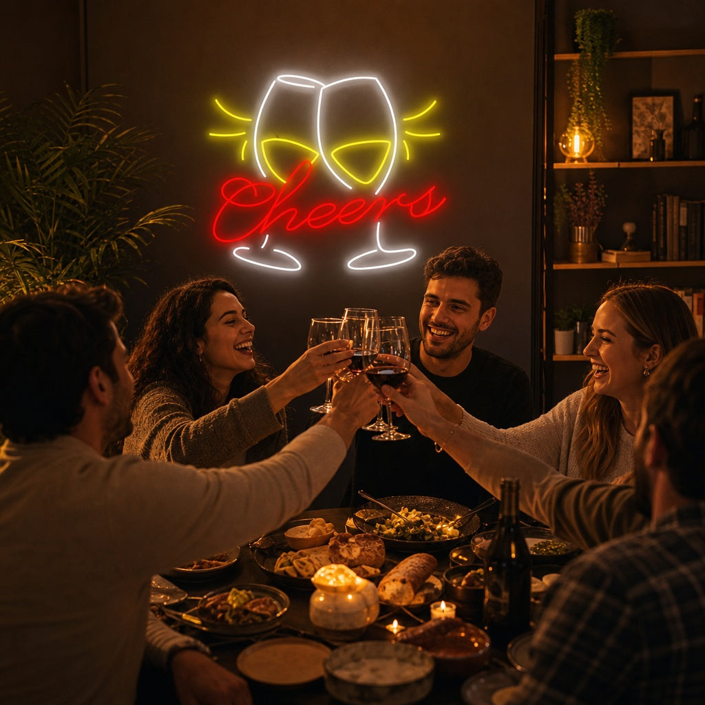 A "Cheers" neon sign glows in a stylized script, casting a warm light against a dark background in a home bar setting.