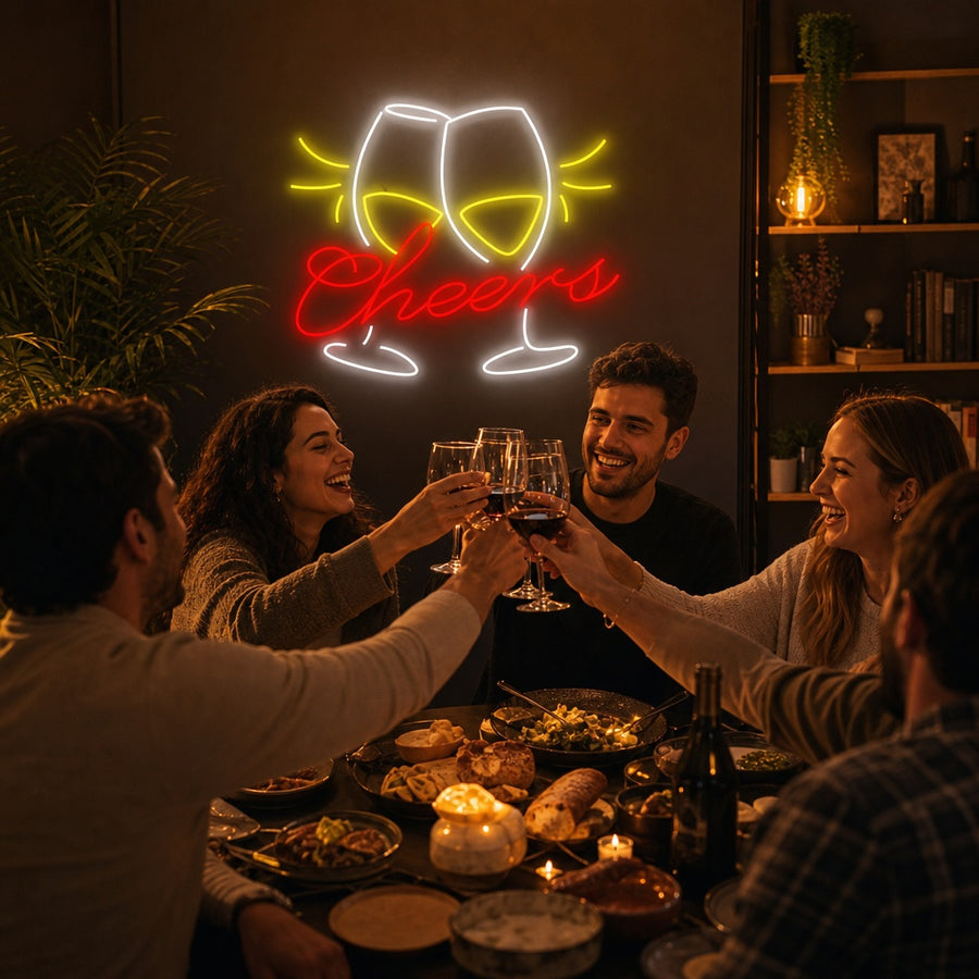 A "Cheers" neon sign glows in a stylized script, casting a warm light against a dark background in a home bar setting.