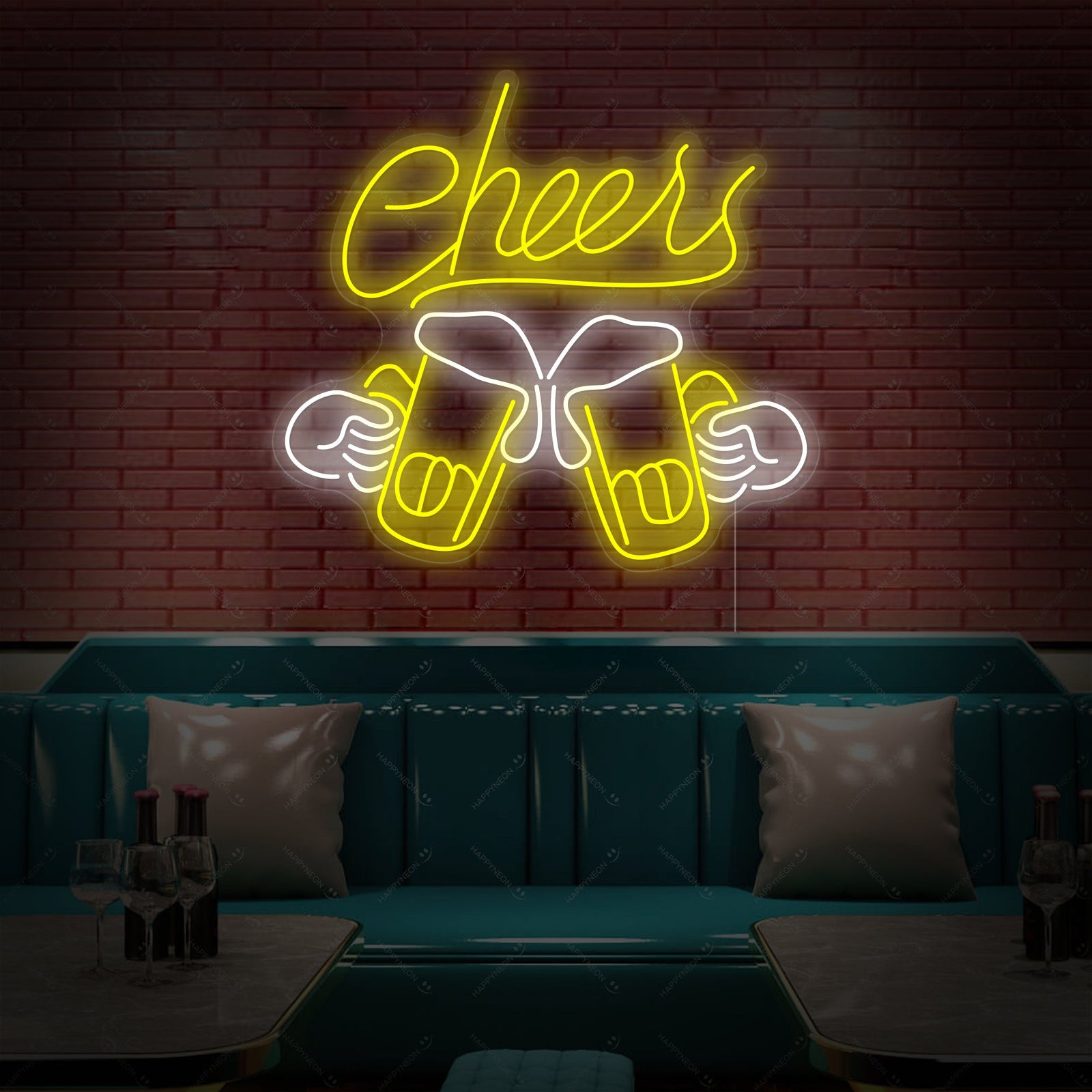 A graphic render of the Cheers neon sign featuring the text and two clinking beer mugs against a simple background, showing the sign design clearly.