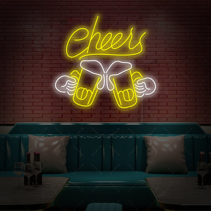 A graphic render of the Cheers neon sign featuring the text and two clinking beer mugs against a simple background, showing the sign design clearly.