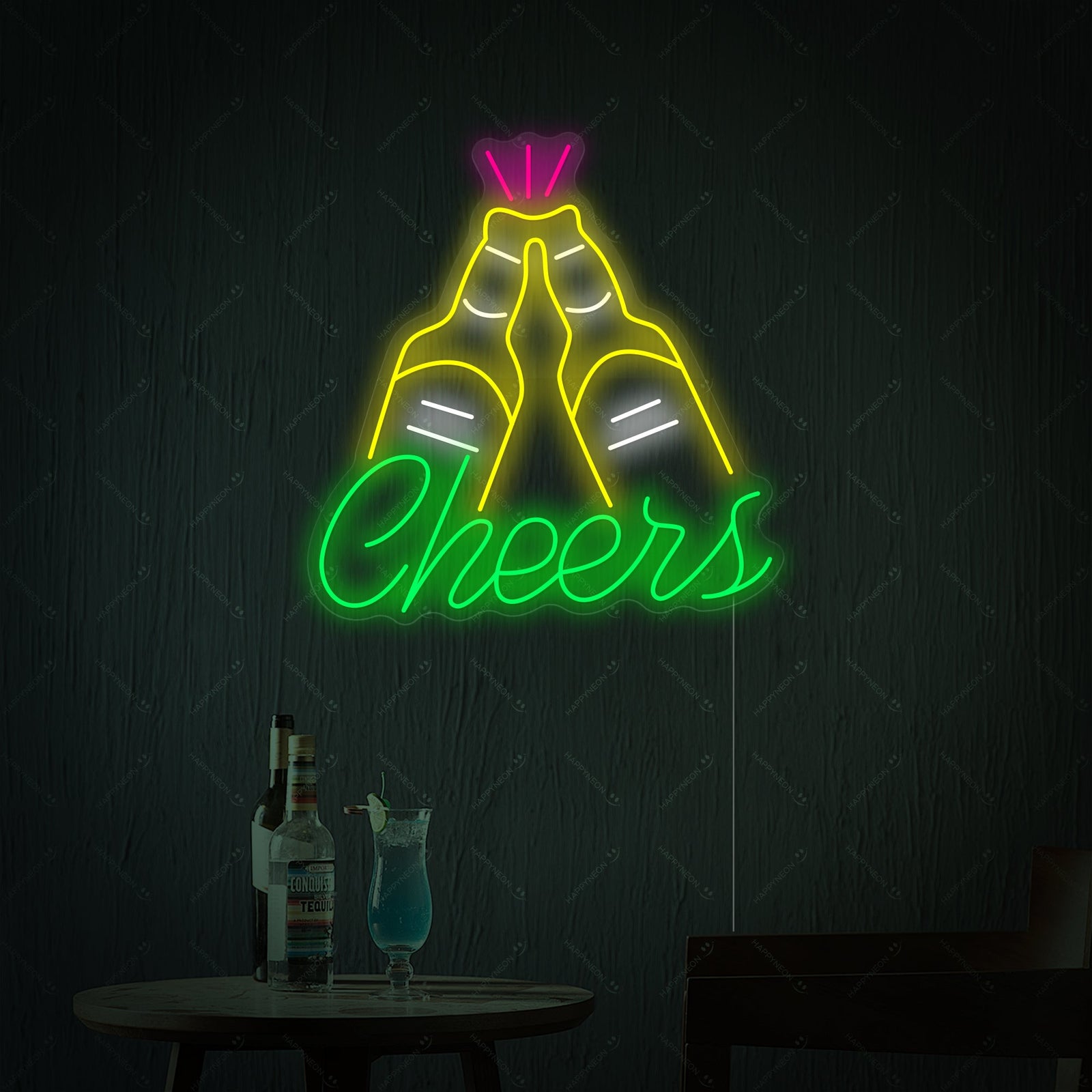 Close-up of a vibrant Cheers neon wall sign on a textured dark wall