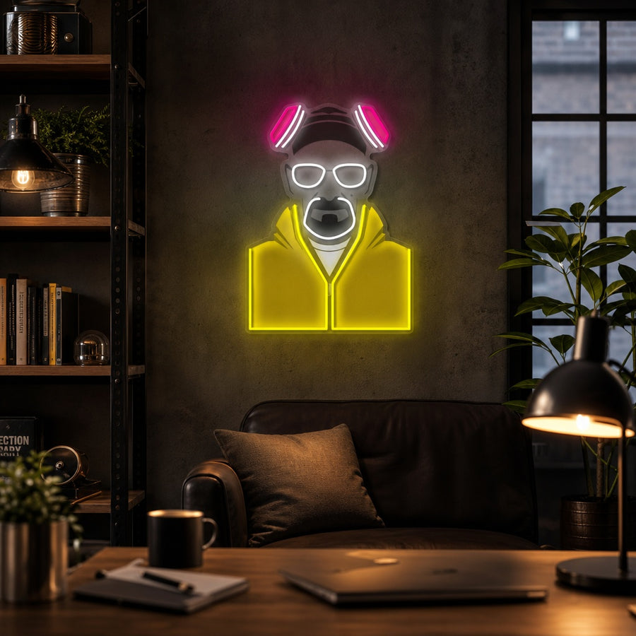 A lifestyle mockup showing the illuminated Chemical Genius neon sign on a modern, exposed brick wall in a study environment.