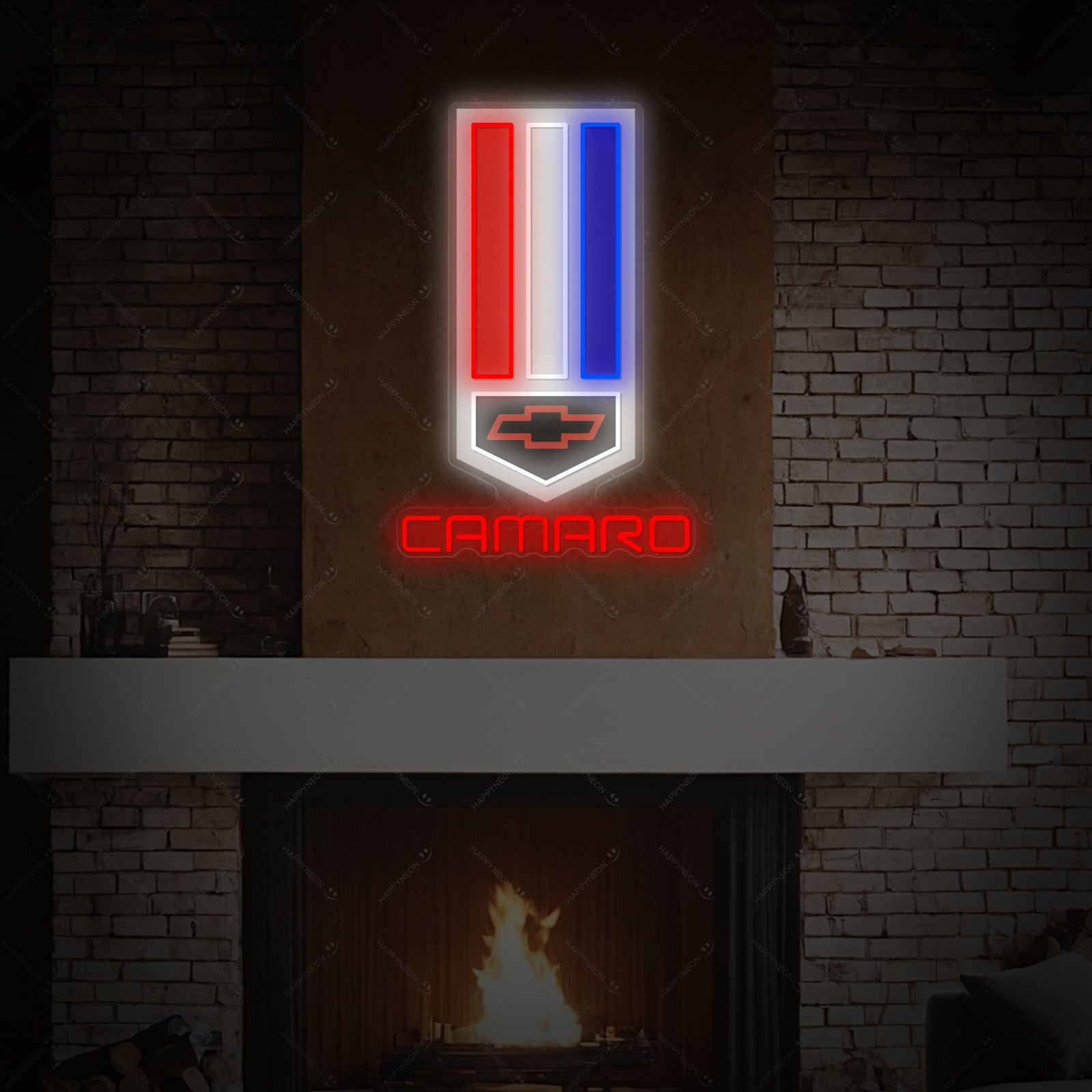 A clear, direct view of the illuminated Chev-Car neon sign showing the distinct glowing red and yellow outlines.