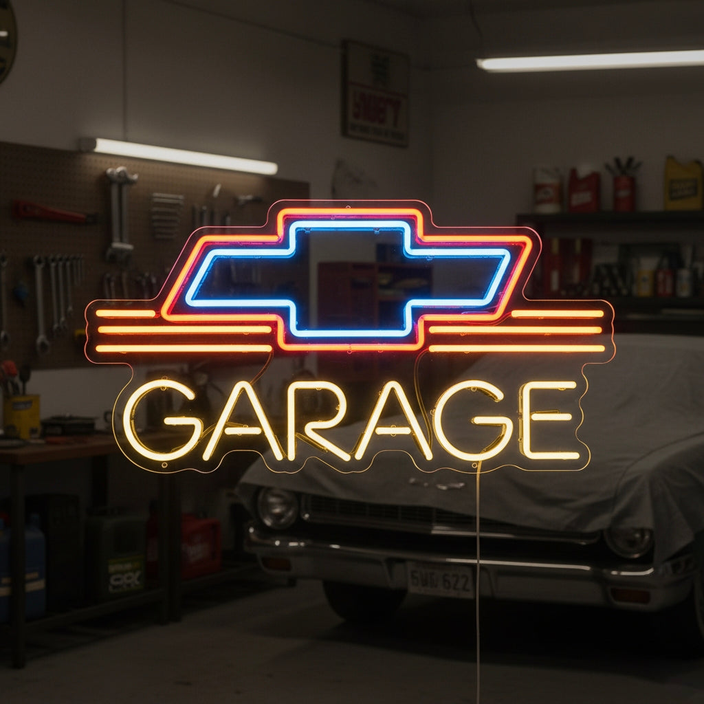 Classic Chevy Garage neon sign featuring the red, blue, and yellow Chevrolet bowtie logo above the word 'Garage', glowing brightly on a workshop wall.