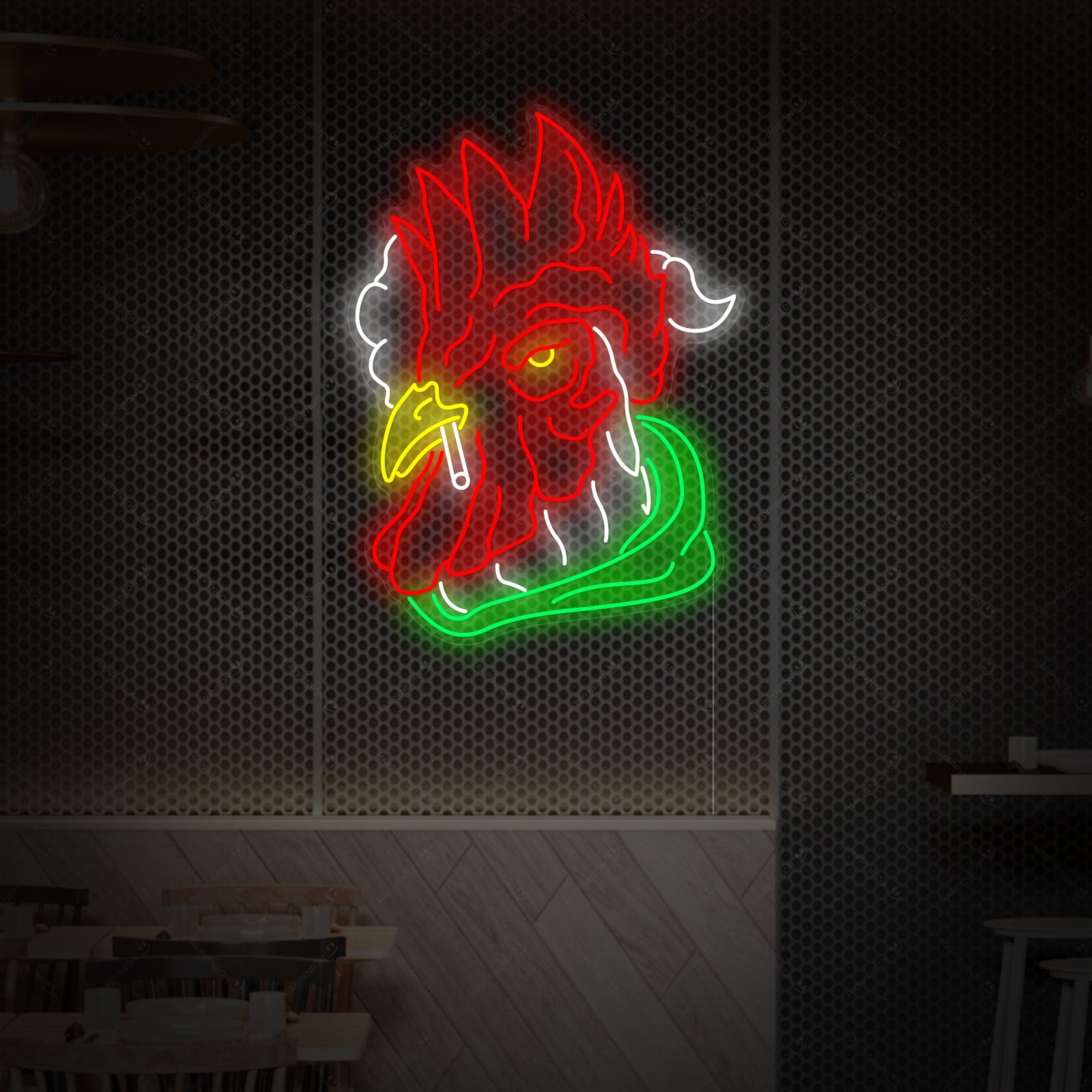 A clean digital design of a chicken wearing glasses and smoking, glowing like a neon sign.