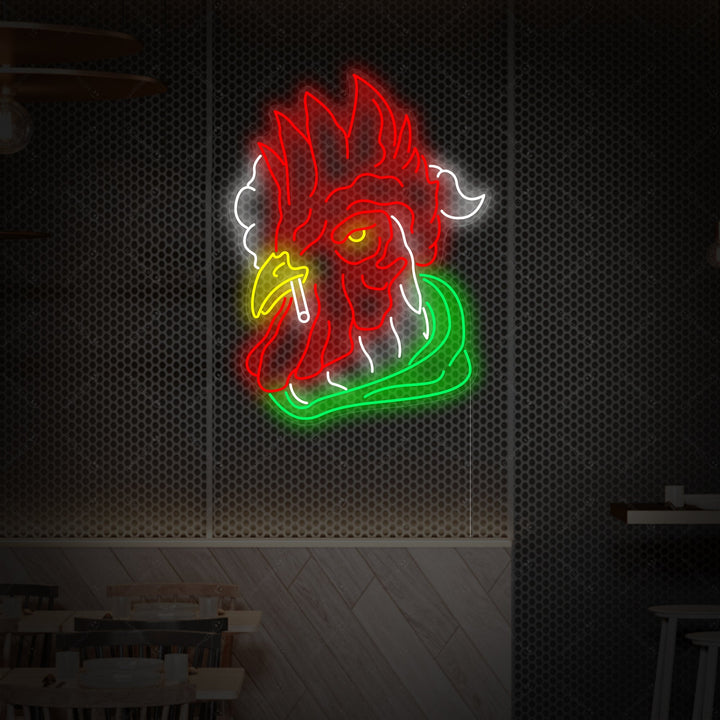 A clean digital design of a chicken wearing glasses and smoking, glowing like a neon sign.