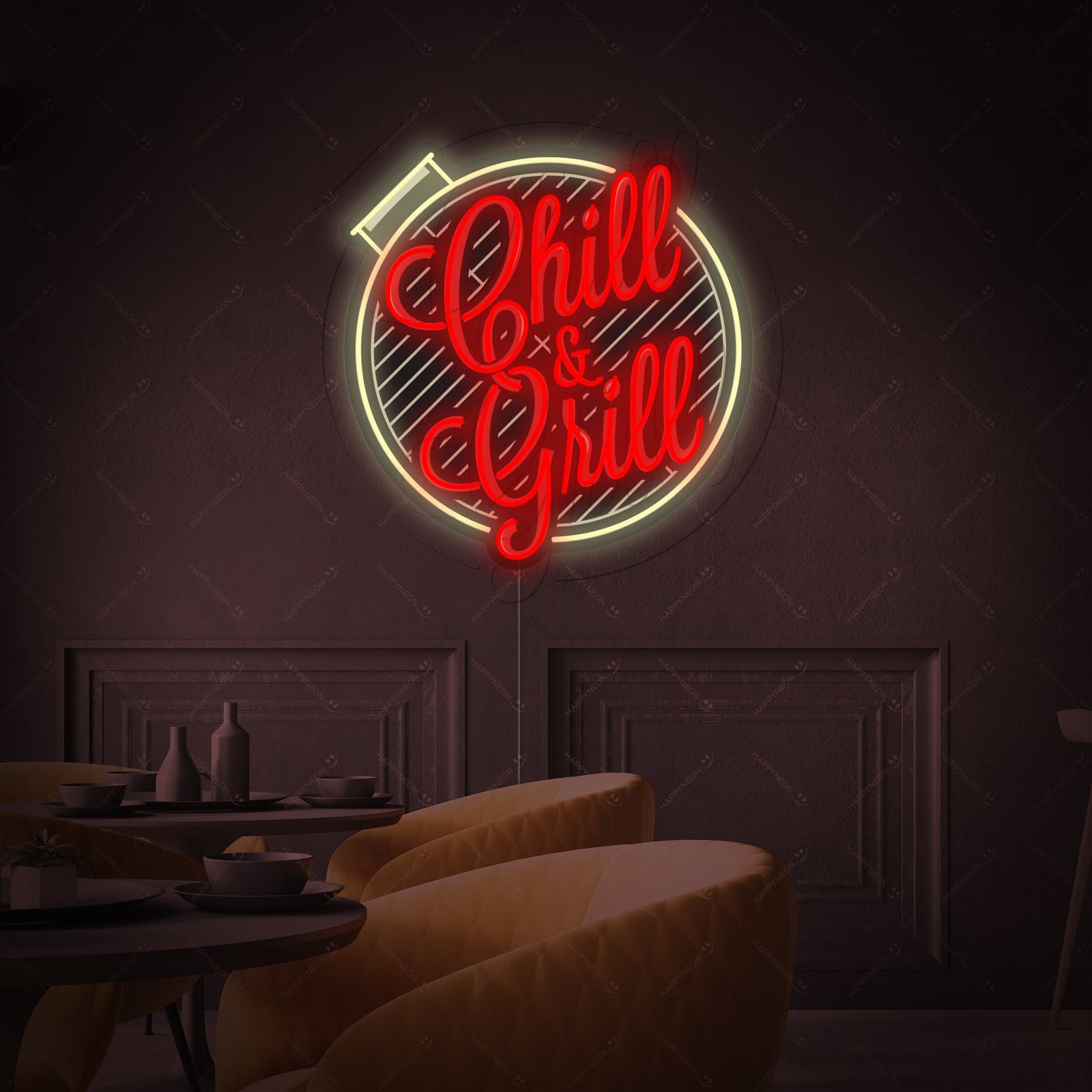 A illuminated 'Chill And Grill' neon sign featuring stylized spatula and tongs graphic elements against a dark background.