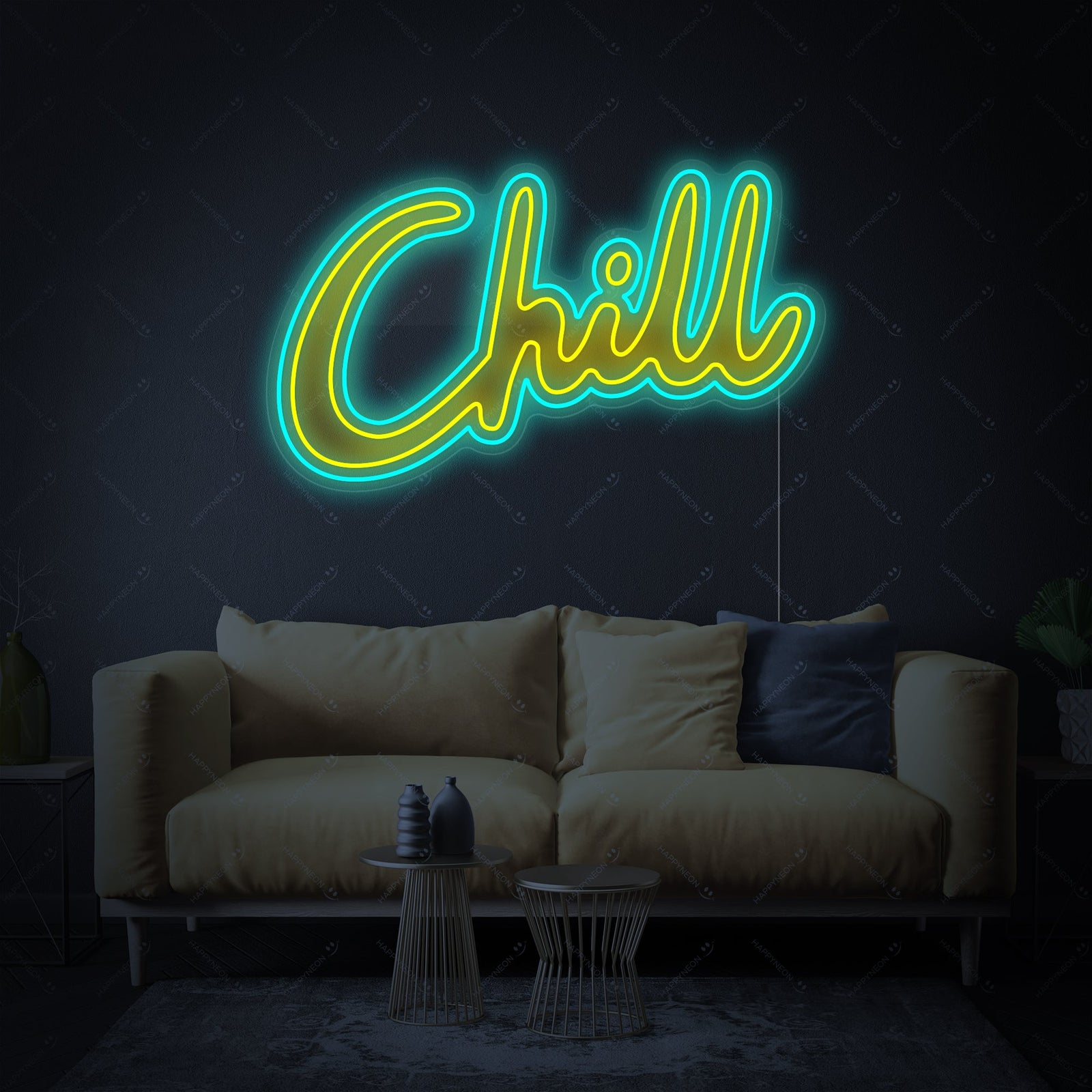 'Chill' script neon sign design draft overlay.