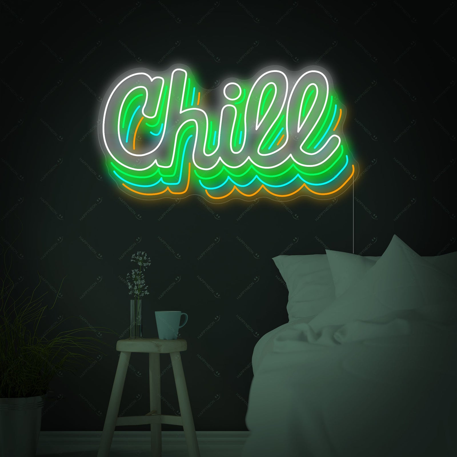 A close-up view of a flowing blue script "Chill" neon sign hanging on an exposed brick wall above some potted plants.