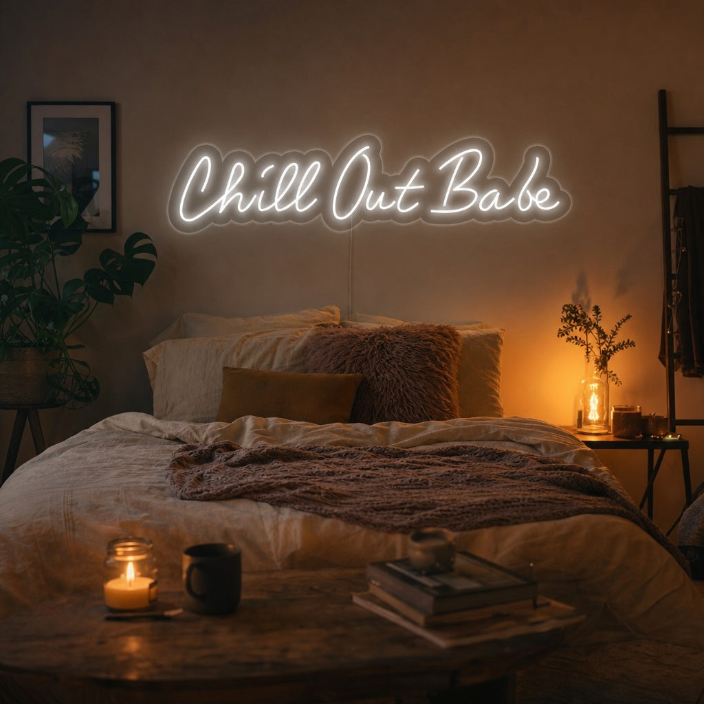 A glowing 'Chill Out Babe' neon sign in stylish script mounted on a textured wall in a modern, cozy living room above a grey sofa.