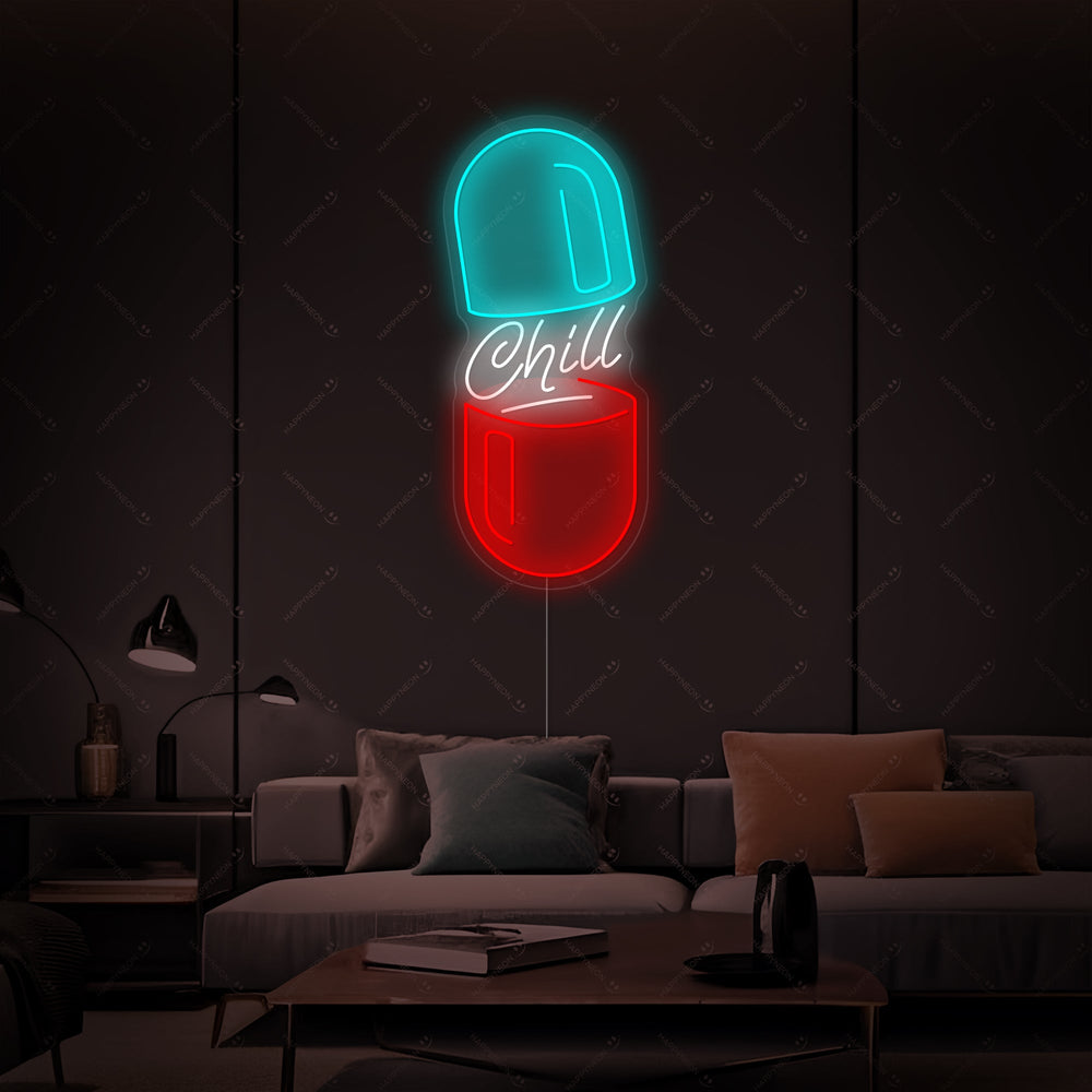 A clean digital graphic of the 'Chill Pill' neon sign design with watermarks.