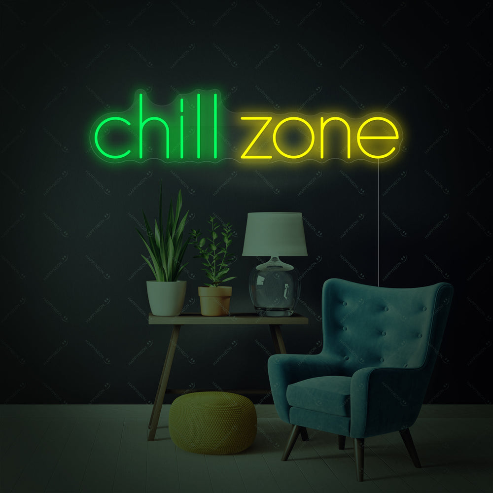 Close-up photograph showing the detailed craftsmanship and tubing of the "Chill Zone" neon sign.