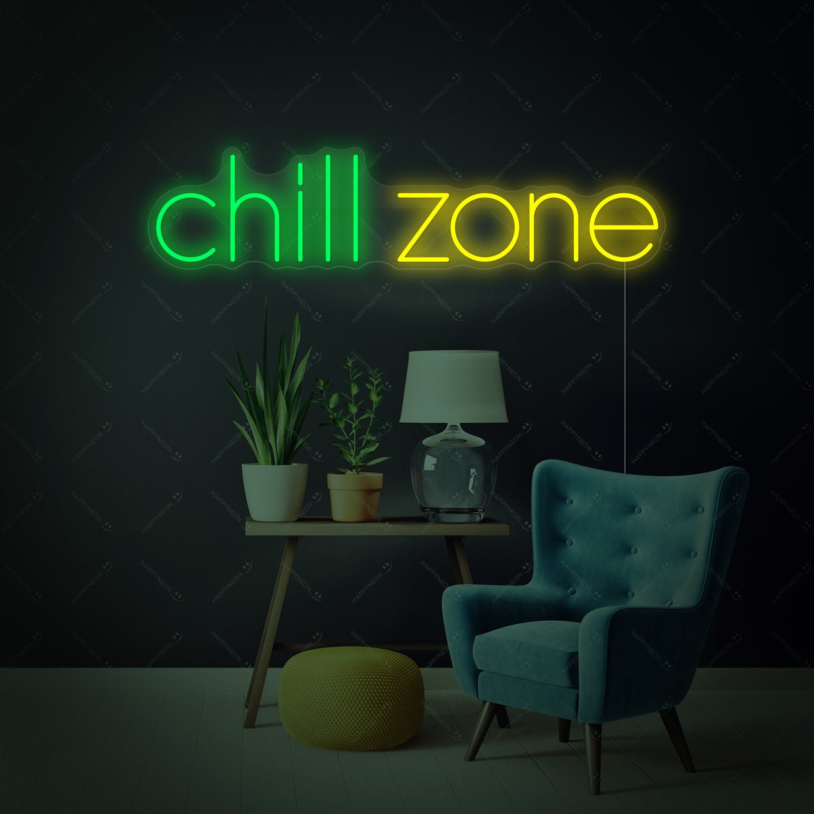 Close-up photograph showing the detailed craftsmanship and tubing of the "Chill Zone" neon sign.