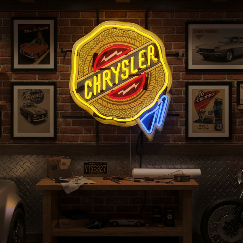 Vibrant yellow, red, and blue Chrysler neon sign in a retro automotive badge style, mounted on a rustic wood plank wall in a well-lit garage.