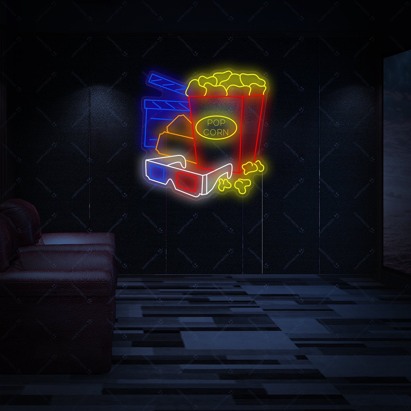 The official graphic design for the 'Cinema Movie Time' neon sign, with glowing red and white neon letters and a detailed popcorn container.
