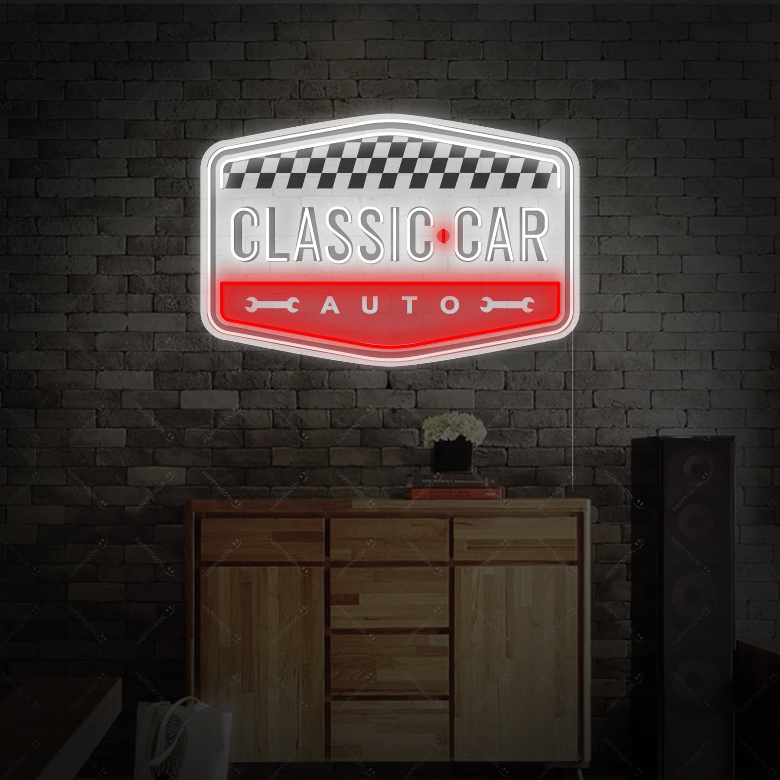 A clean, polished graphic representation of the 'Classic Car' neon sign design against a subtle, textured wall backdrop. The glowing red, yellow, and blue neon tubes form the text and hot rod imagery.